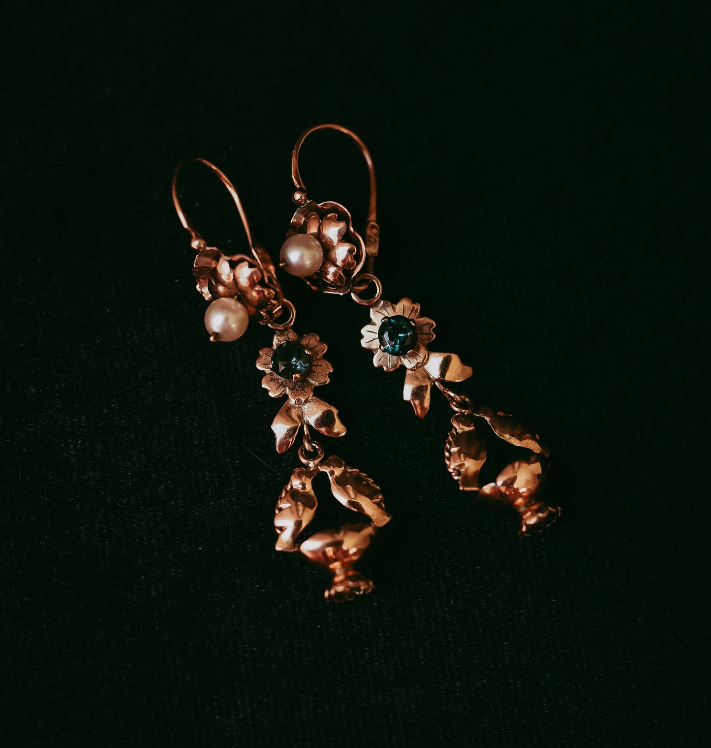 Romantic Victorian “Lovebird” Earrings in 10k Gold, Pearl & Blue Tourmaline | Bridal Jewelry