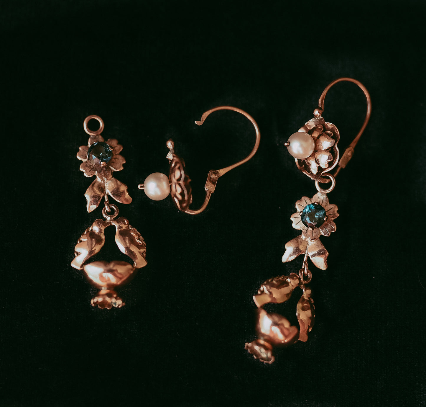 Romantic Victorian “Lovebird” Earrings in 10k Gold, Pearl & Blue Tourmaline | Bridal Jewelry