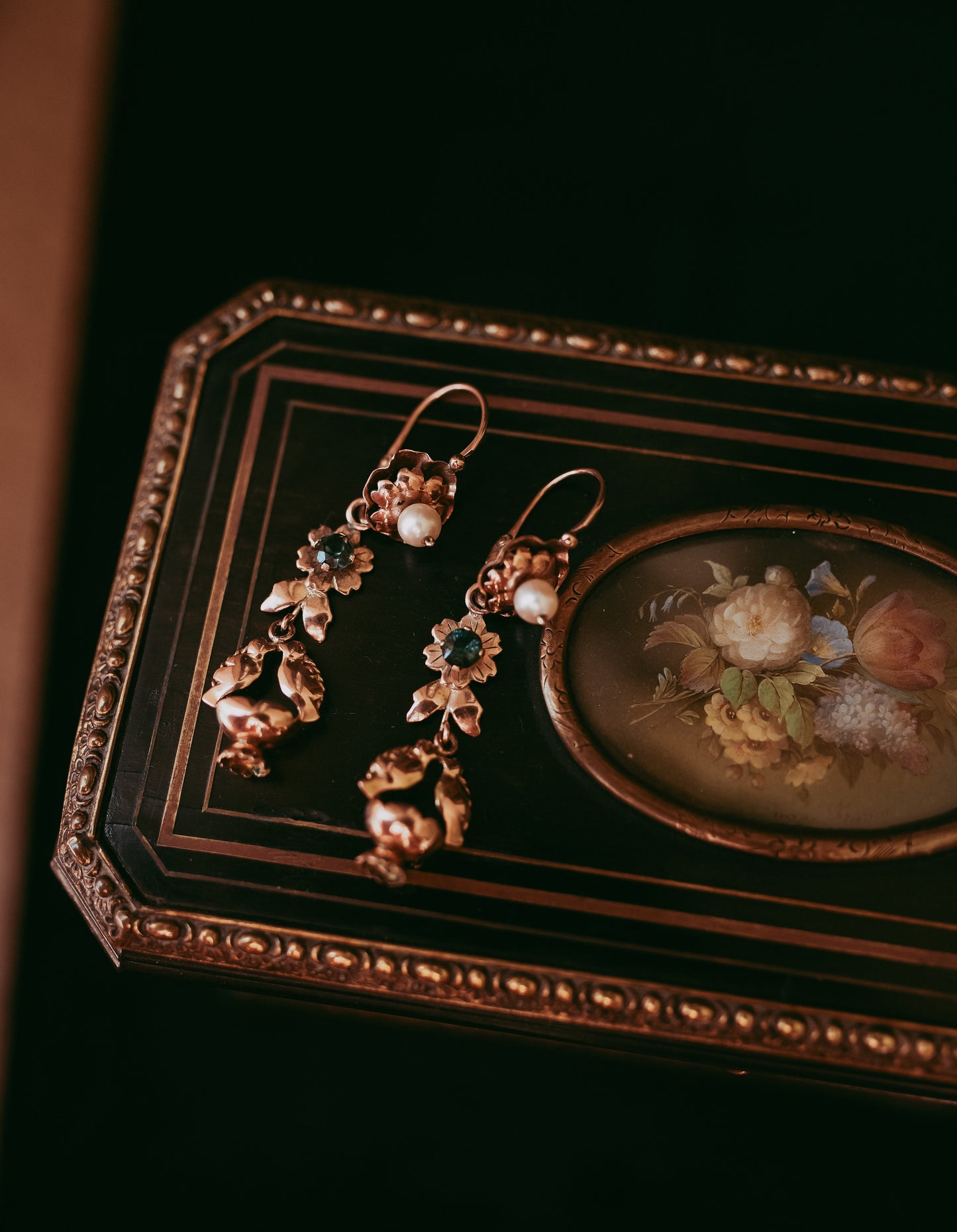 Romantic Victorian “Lovebird” Earrings in 10k Gold, Pearl & Blue Tourmaline | Bridal Jewelry