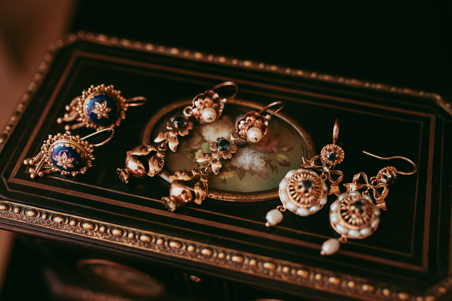 Romantic Victorian “Lovebird” Earrings in 10k Gold, Pearl & Blue Tourmaline | Bridal Jewelry