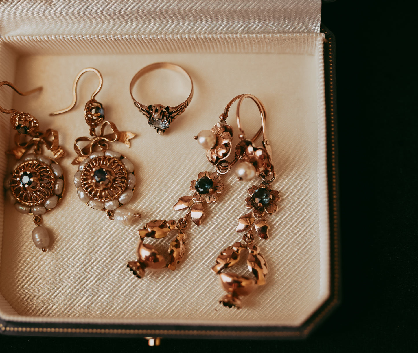 Romantic Victorian “Lovebird” Earrings in 10k Gold, Pearl & Blue Tourmaline | Bridal Jewelry