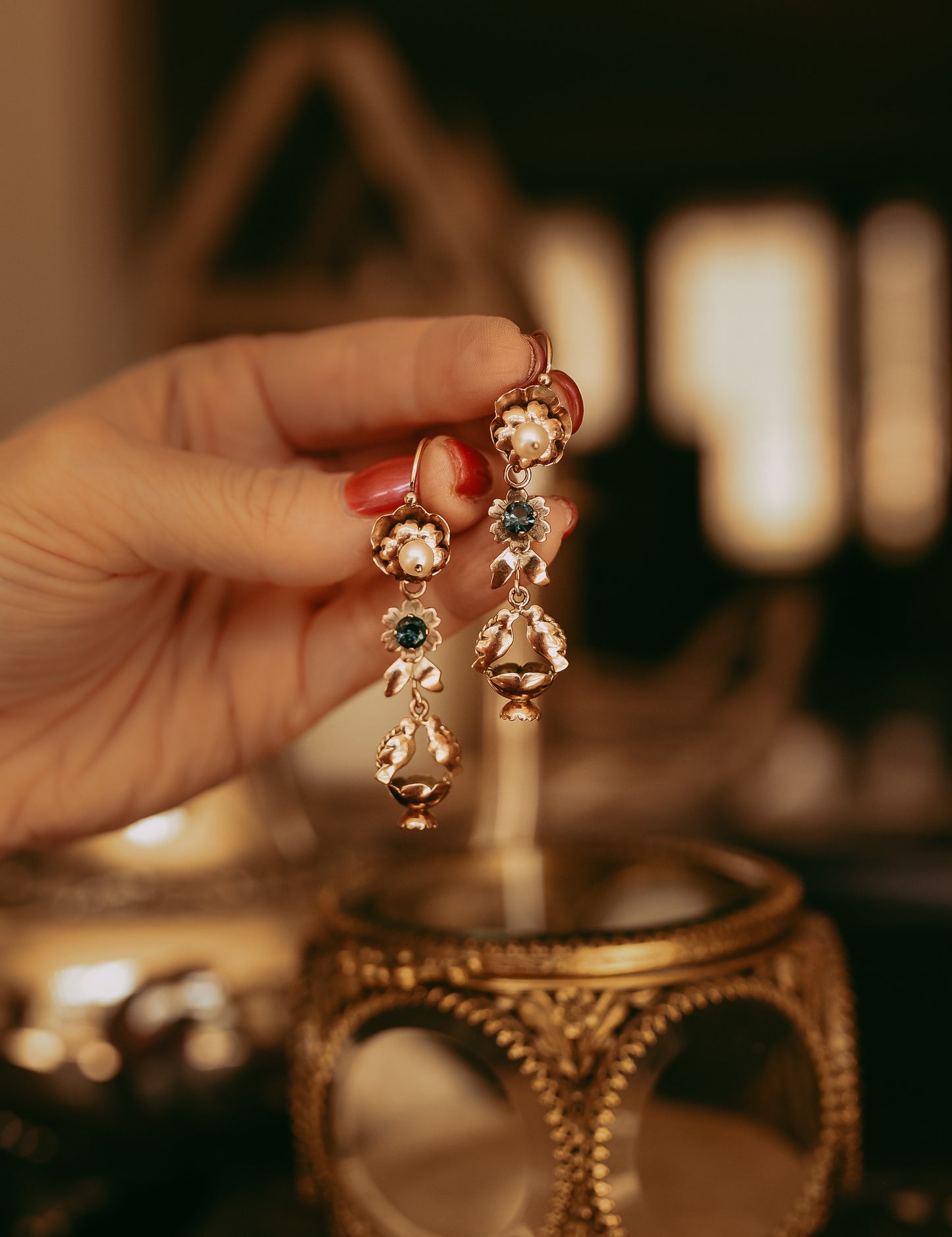 Romantic Victorian “Lovebird” Earrings in 10k Gold, Pearl & Blue Tourmaline | Bridal Jewelry