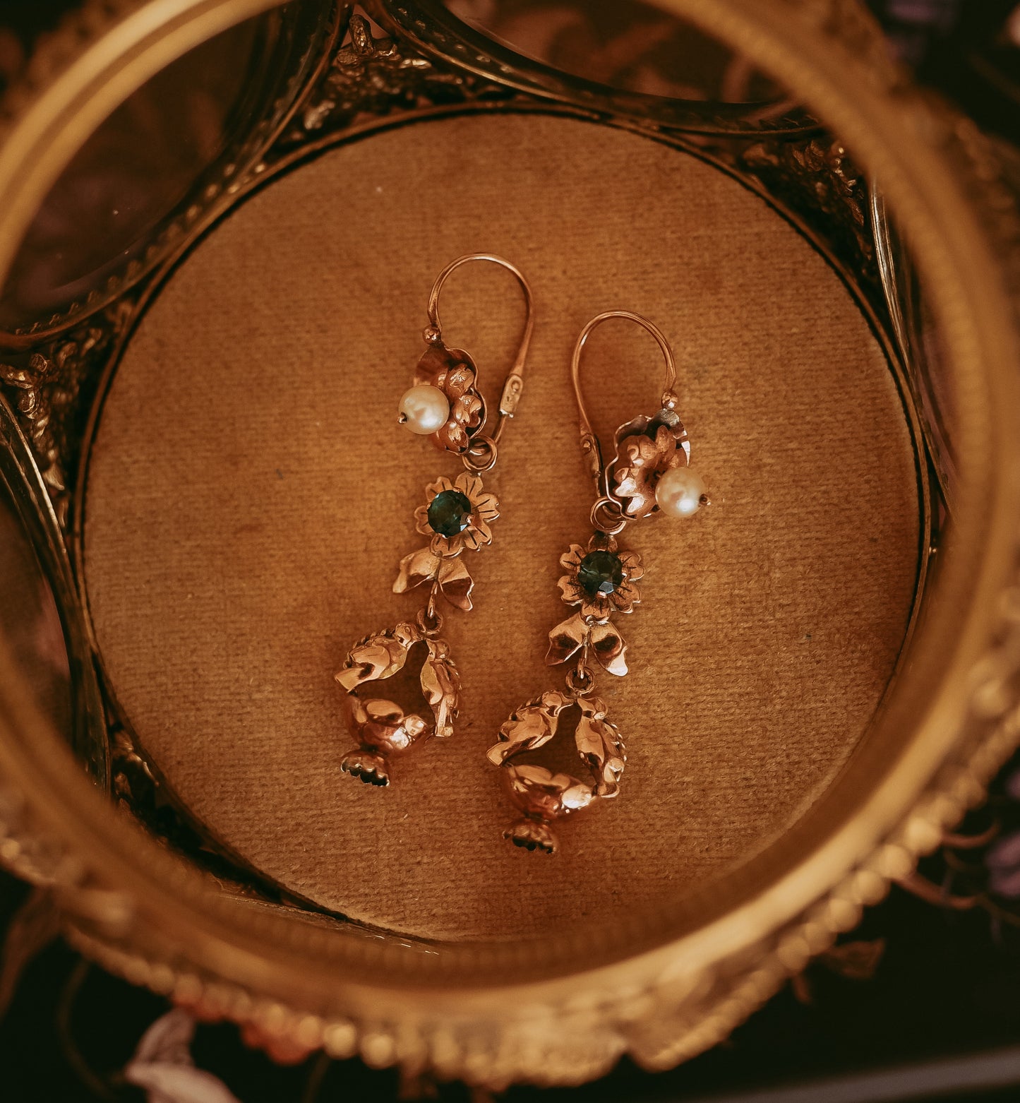 Romantic Victorian “Lovebird” Earrings in 10k Gold, Pearl & Blue Tourmaline | Bridal Jewelry