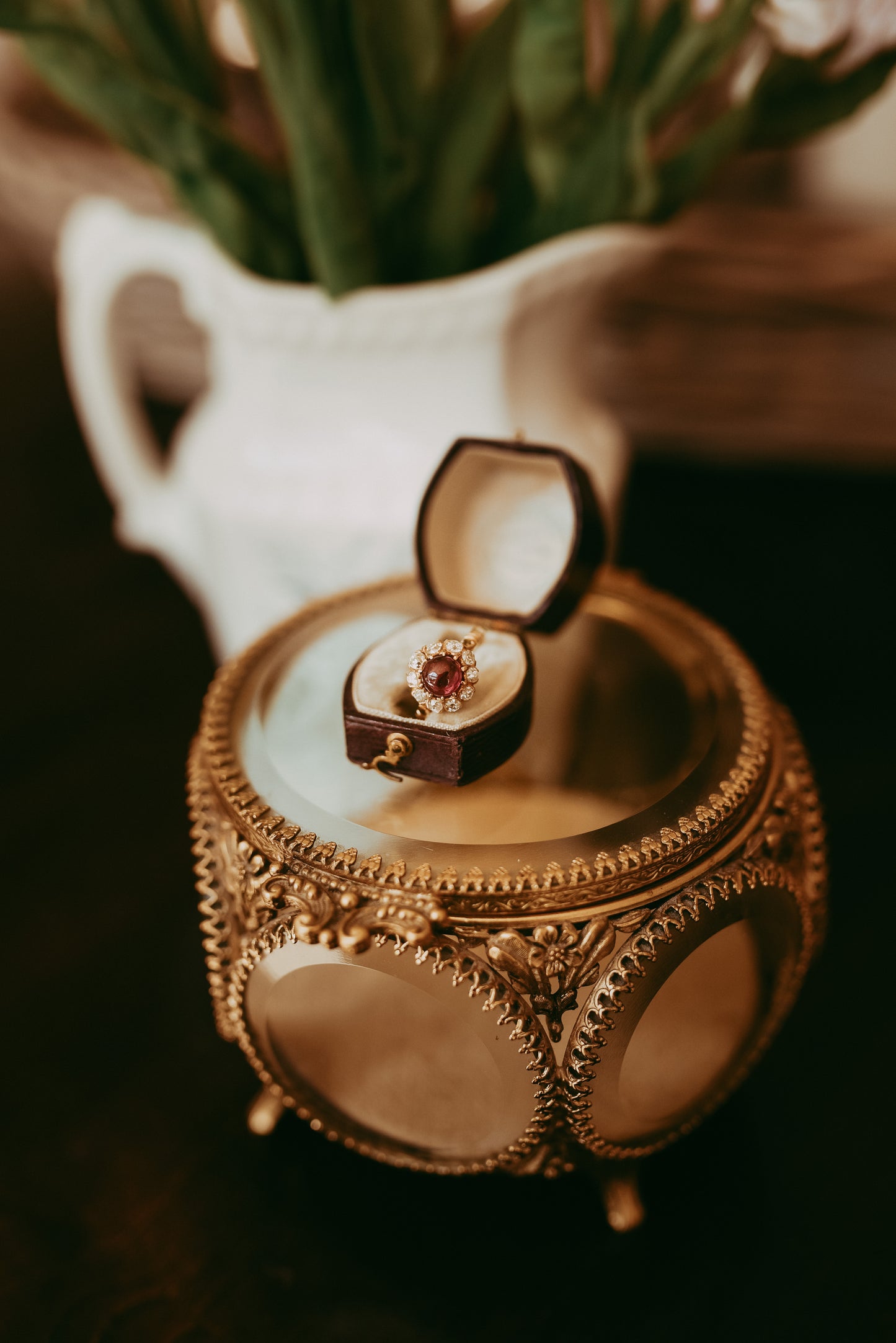 Antique Victorian 18K Gold Pink Tourmaline Cabochon & Old Mine Cut Diamond Rosette Ring Romantic Gift