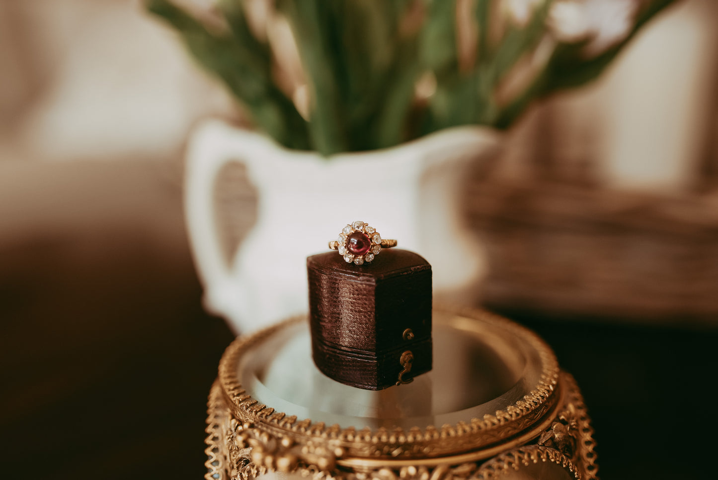Antique Victorian 18K Gold Pink Tourmaline Cabochon & Old Mine Cut Diamond Rosette Ring Romantic Gift