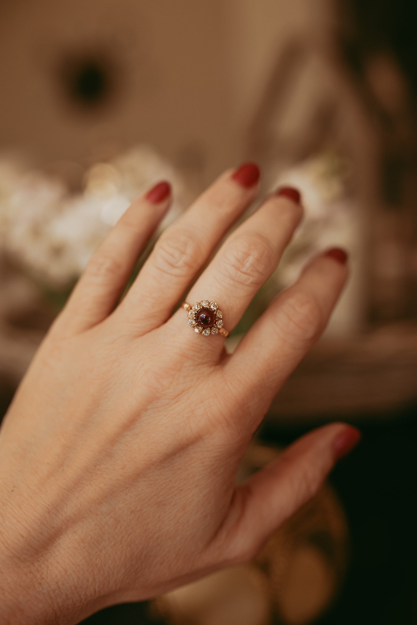 Antique Victorian 18K Gold Pink Tourmaline Cabochon & Old Mine Cut Diamond Rosette Ring Romantic Gift