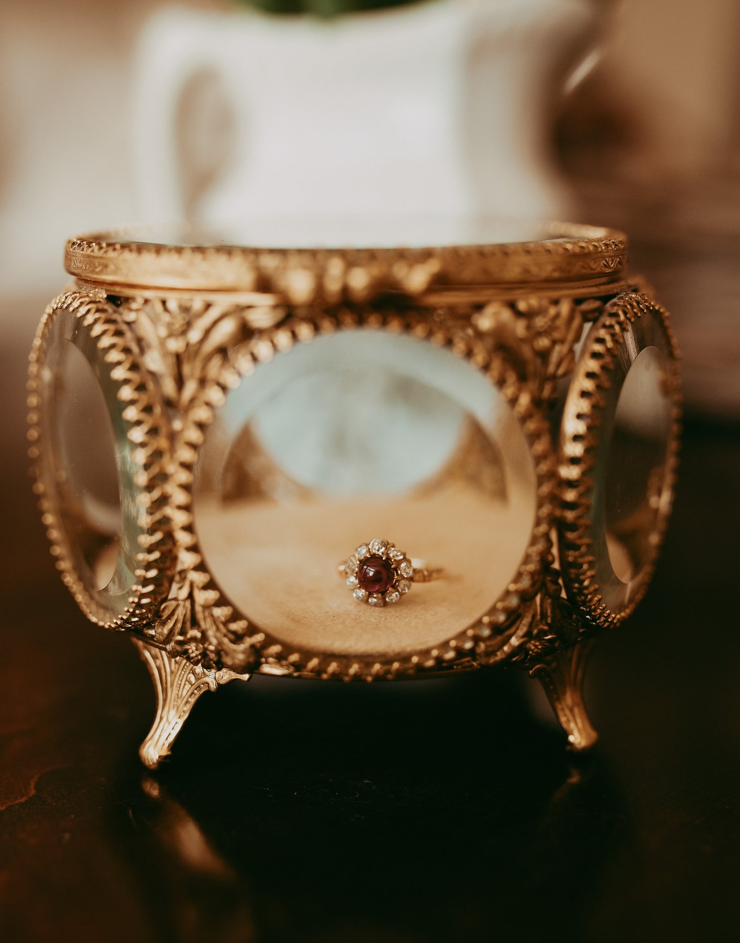 Antique Victorian 18K Gold Pink Tourmaline Cabochon & Old Mine Cut Diamond Rosette Ring Romantic Gift