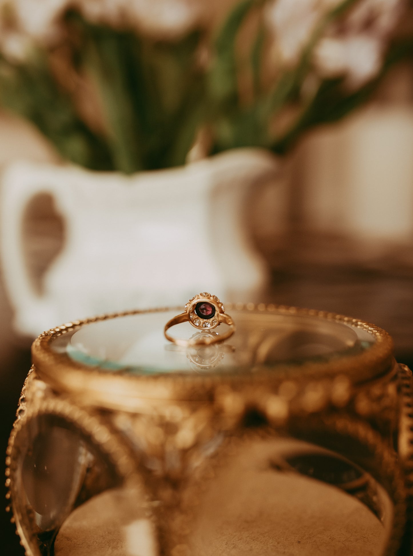 Antique Victorian 18K Gold Pink Tourmaline Cabochon & Old Mine Cut Diamond Rosette Ring Romantic Gift