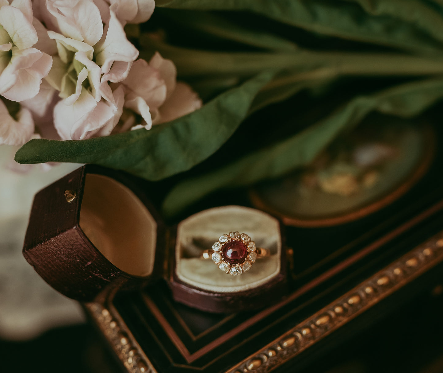 Antique Victorian 18K Gold Pink Tourmaline Cabochon & Old Mine Cut Diamond Rosette Ring Romantic Gift