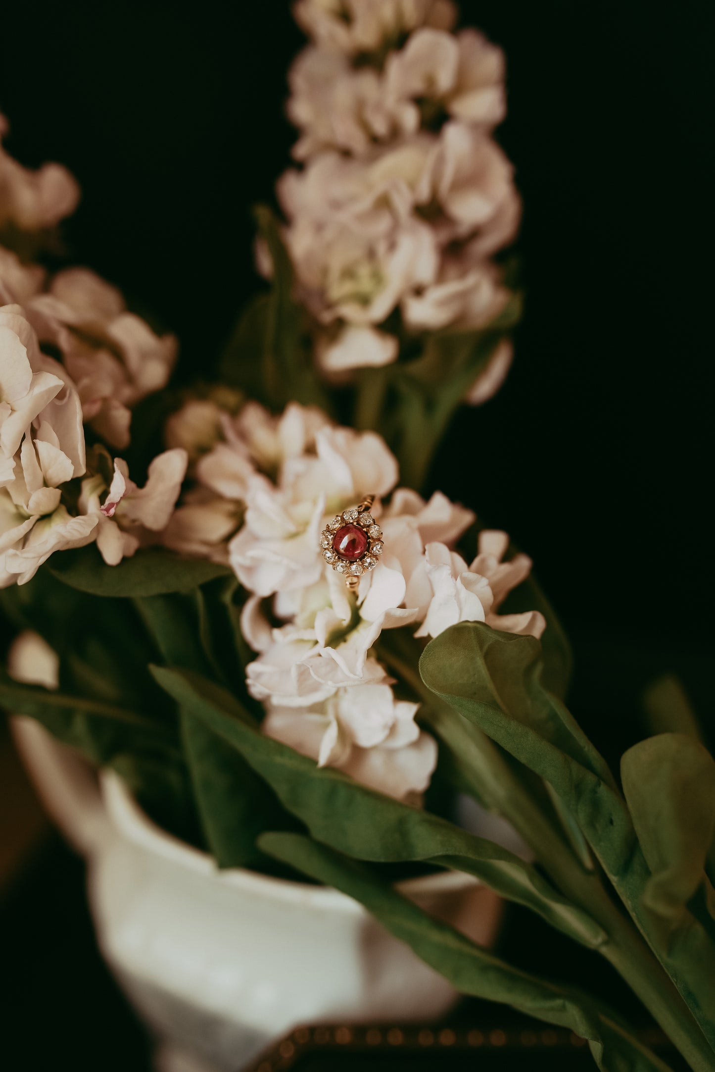 Antique Victorian 18K Gold Pink Tourmaline Cabochon & Old Mine Cut Diamond Rosette Ring Romantic Gift