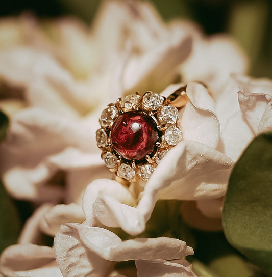 Antique Victorian 18K Gold Pink Tourmaline Cabochon & Old Mine Cut Diamond Rosette Ring Romantic Gift