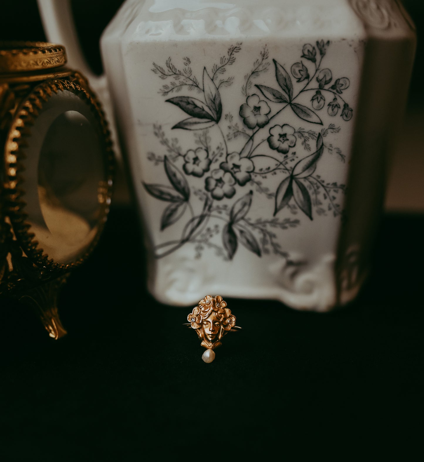 Antique Art Nouveau Lady Flower Ring | Stick Pin Conversion | Rose Cut Diamond & Baroque Pearl 14k Gold Size 6.5