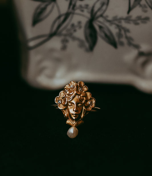Antique Art Nouveau Lady Flower Ring | Stick Pin Conversion | Rose Cut Diamond & Baroque Pearl 14k Gold Size 6.5