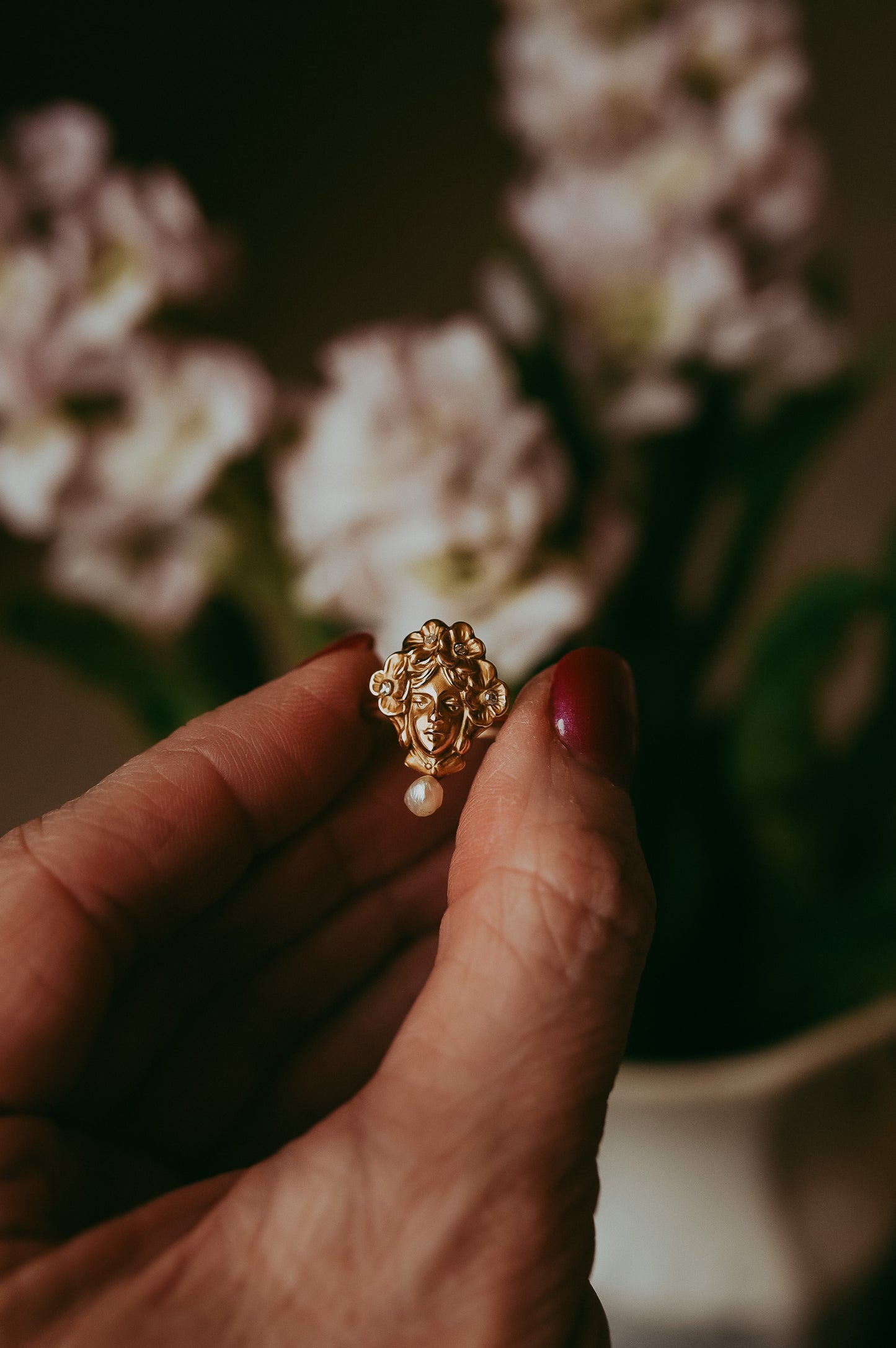 Antique Art Nouveau Lady Flower Ring | Stick Pin Conversion | Rose Cut Diamond & Baroque Pearl 14k Gold Size 6.5
