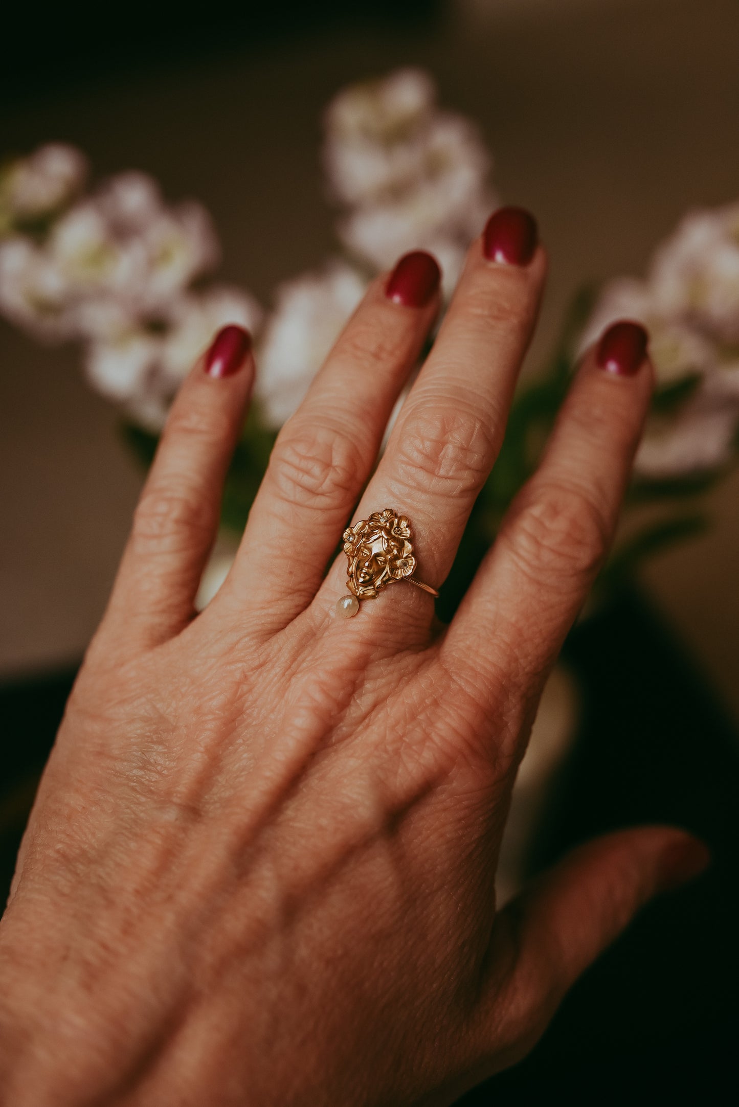 Antique Art Nouveau Lady Flower Ring | Stick Pin Conversion | Rose Cut Diamond & Baroque Pearl 14k Gold Size 6.5