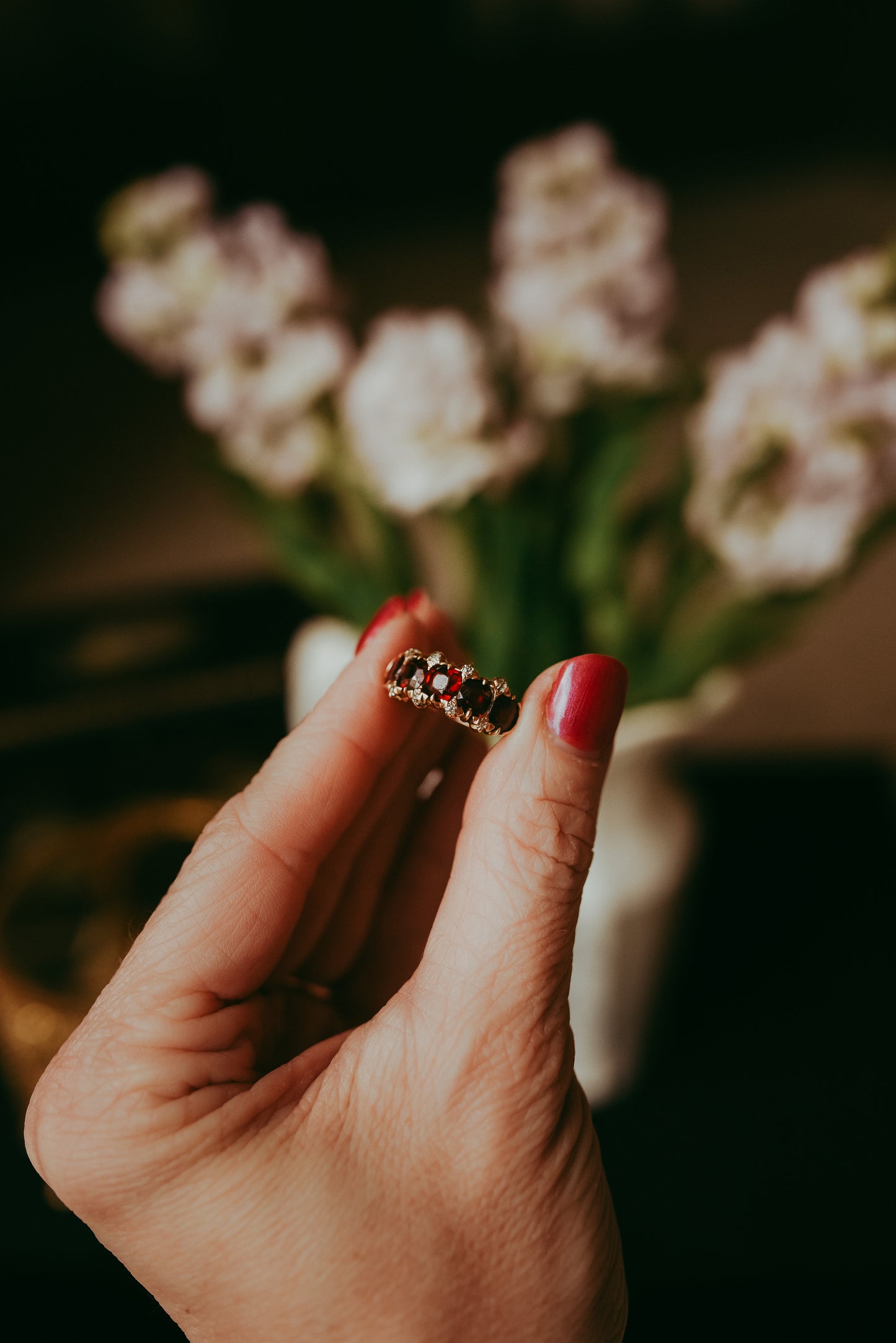 Victorian Five-Stone Garnet Ring with Old Mine Cut Diamonds in 10K Gold | Antique Stacking Ring | Size 5.5
