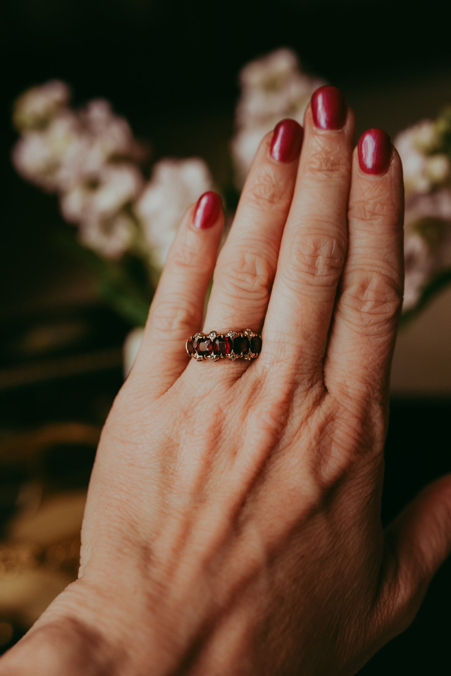 Victorian Five-Stone Garnet Ring with Old Mine Cut Diamonds in 10K Gold | Antique Stacking Ring | Size 5.5