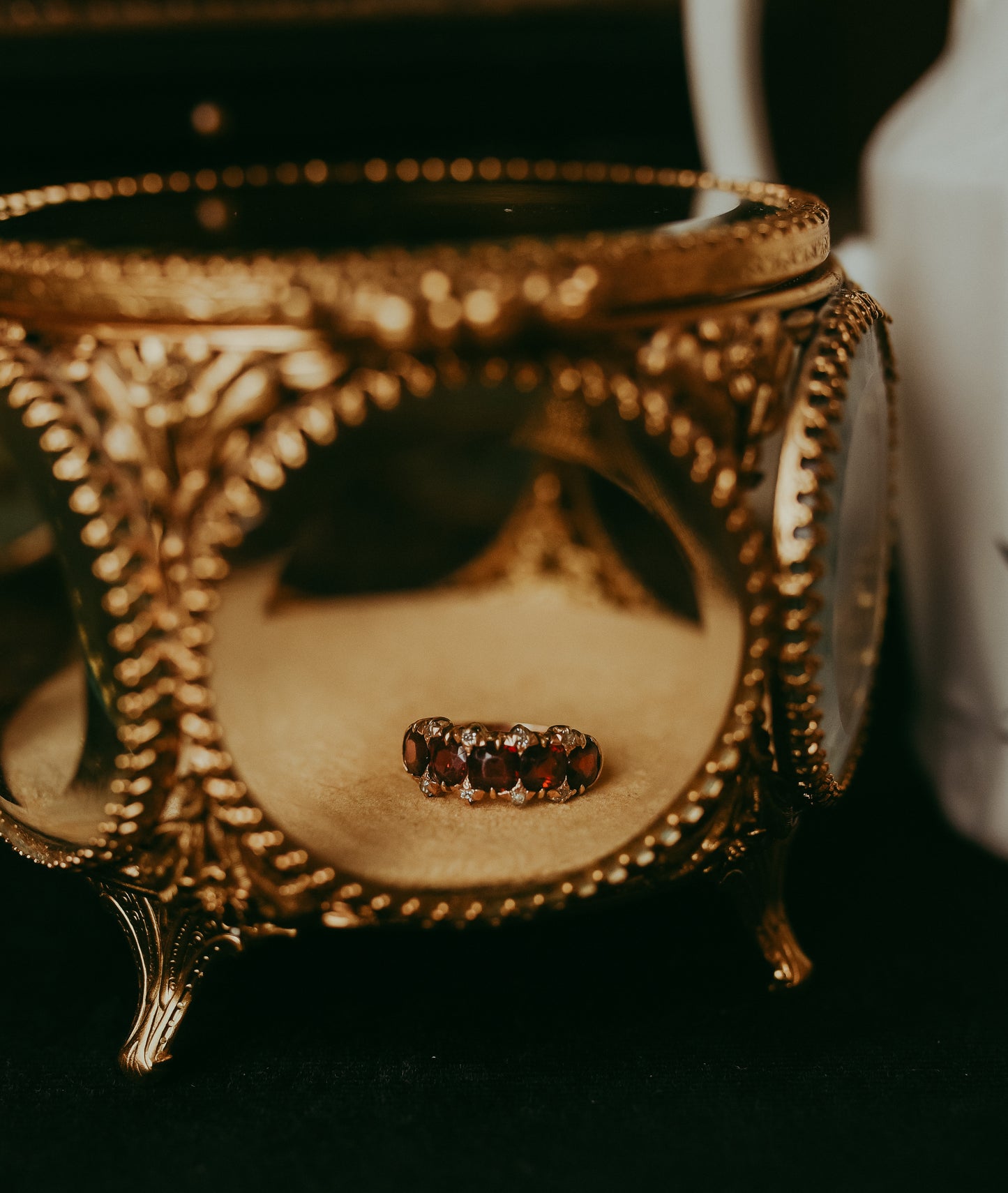 Victorian Five-Stone Garnet Ring with Old Mine Cut Diamonds in 10K Gold | Antique Stacking Ring | Size 5.5