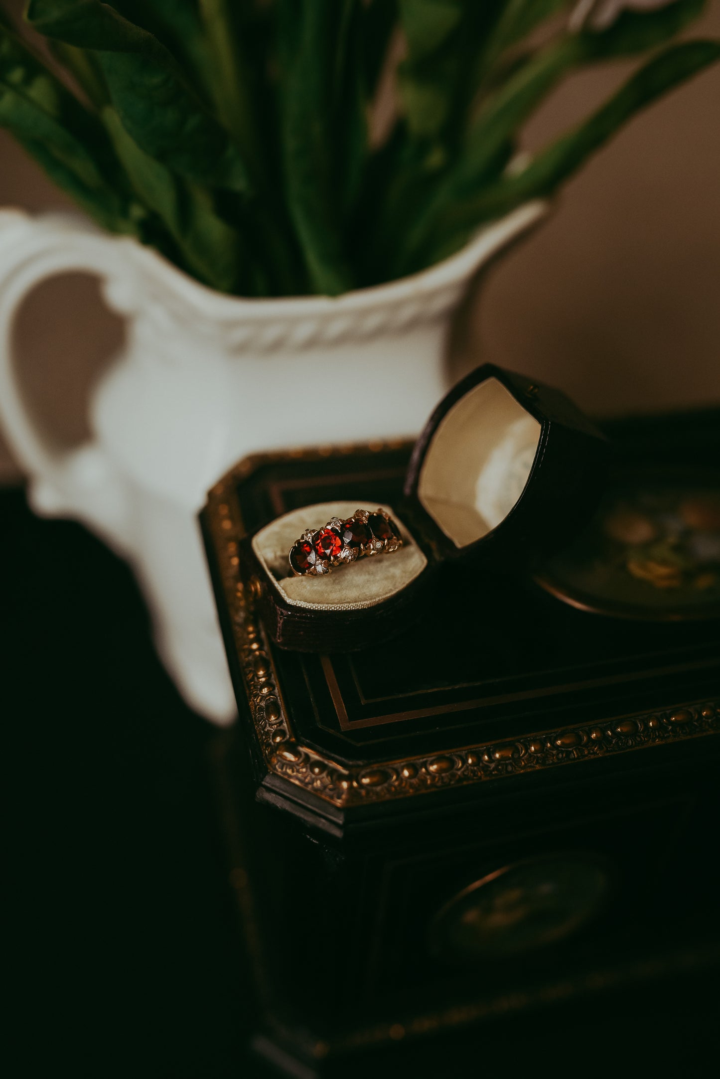 Victorian Five-Stone Garnet Ring with Old Mine Cut Diamonds in 10K Gold | Antique Stacking Ring | Size 5.5