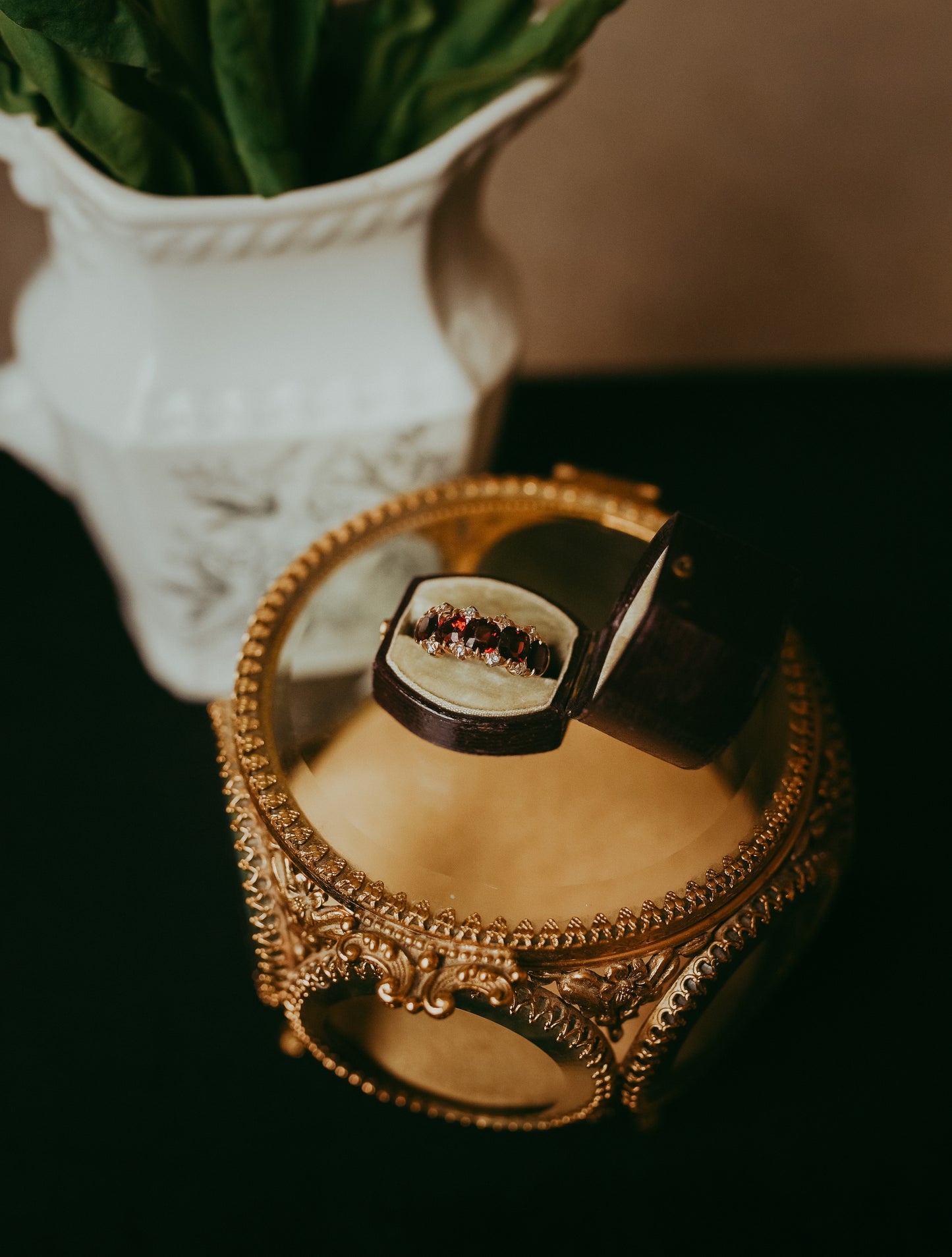 Victorian Five-Stone Garnet Ring with Old Mine Cut Diamonds in 10K Gold | Antique Stacking Ring | Size 5.5