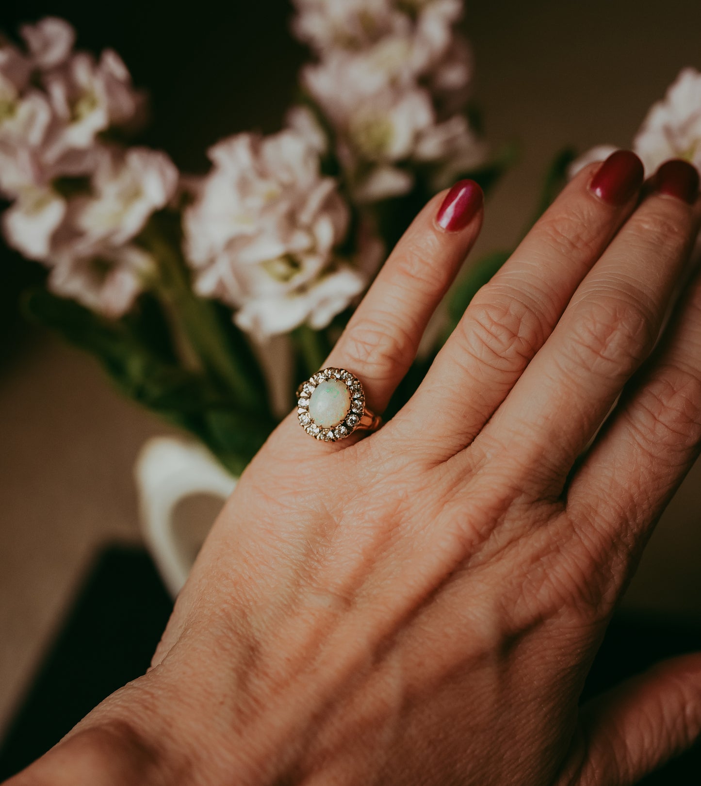 Mid-Century Diamond & Opal Halo Ring in 14K Gold | Cluster Ring