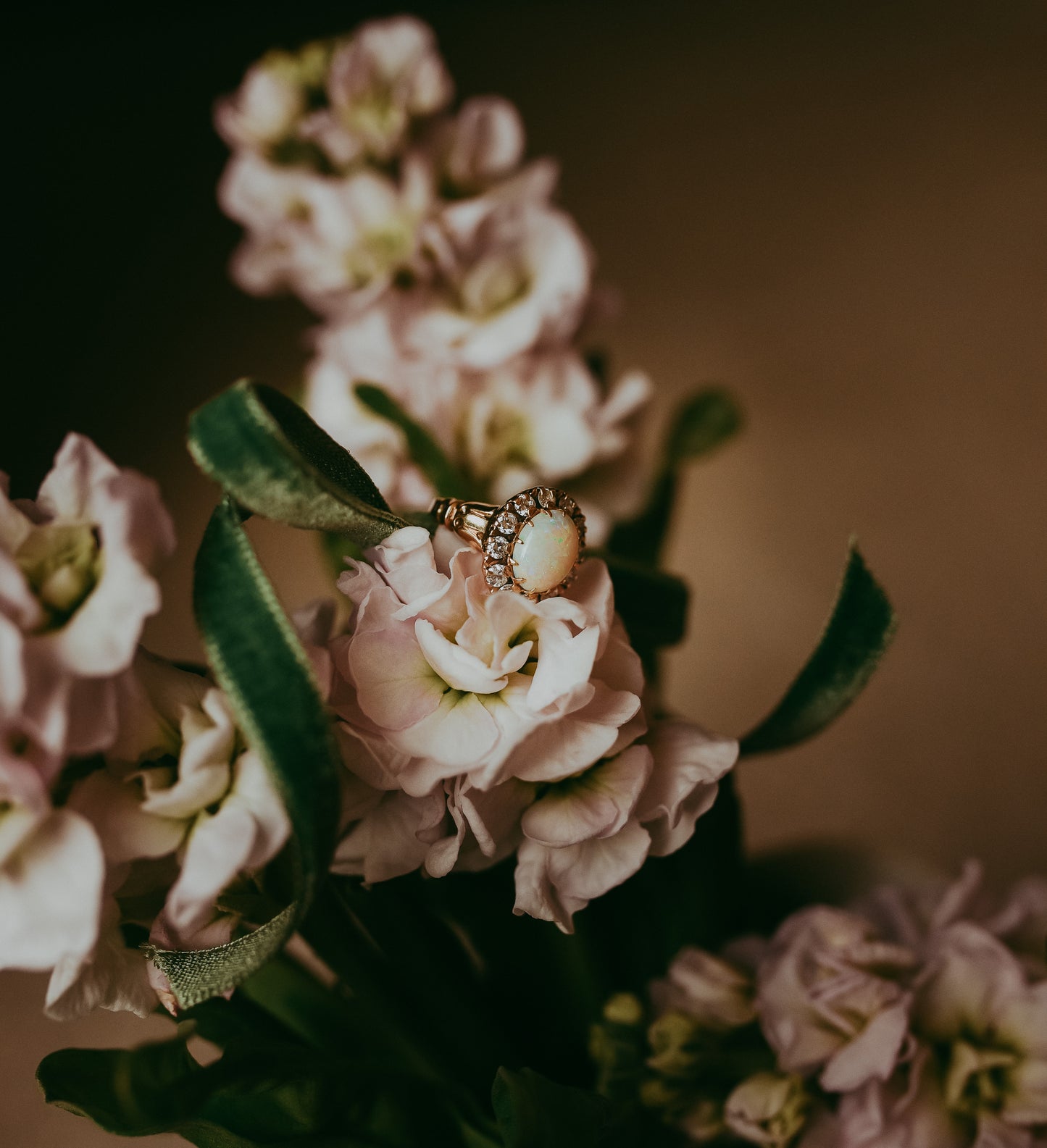 Mid-Century Diamond & Opal Halo Ring in 14K Gold | Cluster Ring