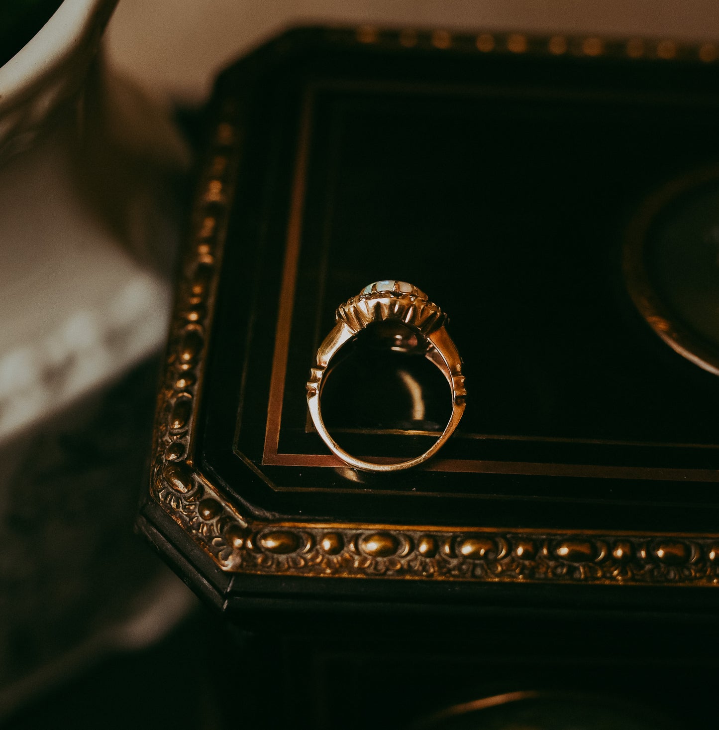 Mid-Century Diamond & Opal Halo Ring in 14K Gold | Cluster Ring