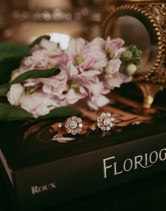 Antique Victorian Old Mine Cut Diamond Rosetta Cluster Earrings 18K Gold 3.10ctw