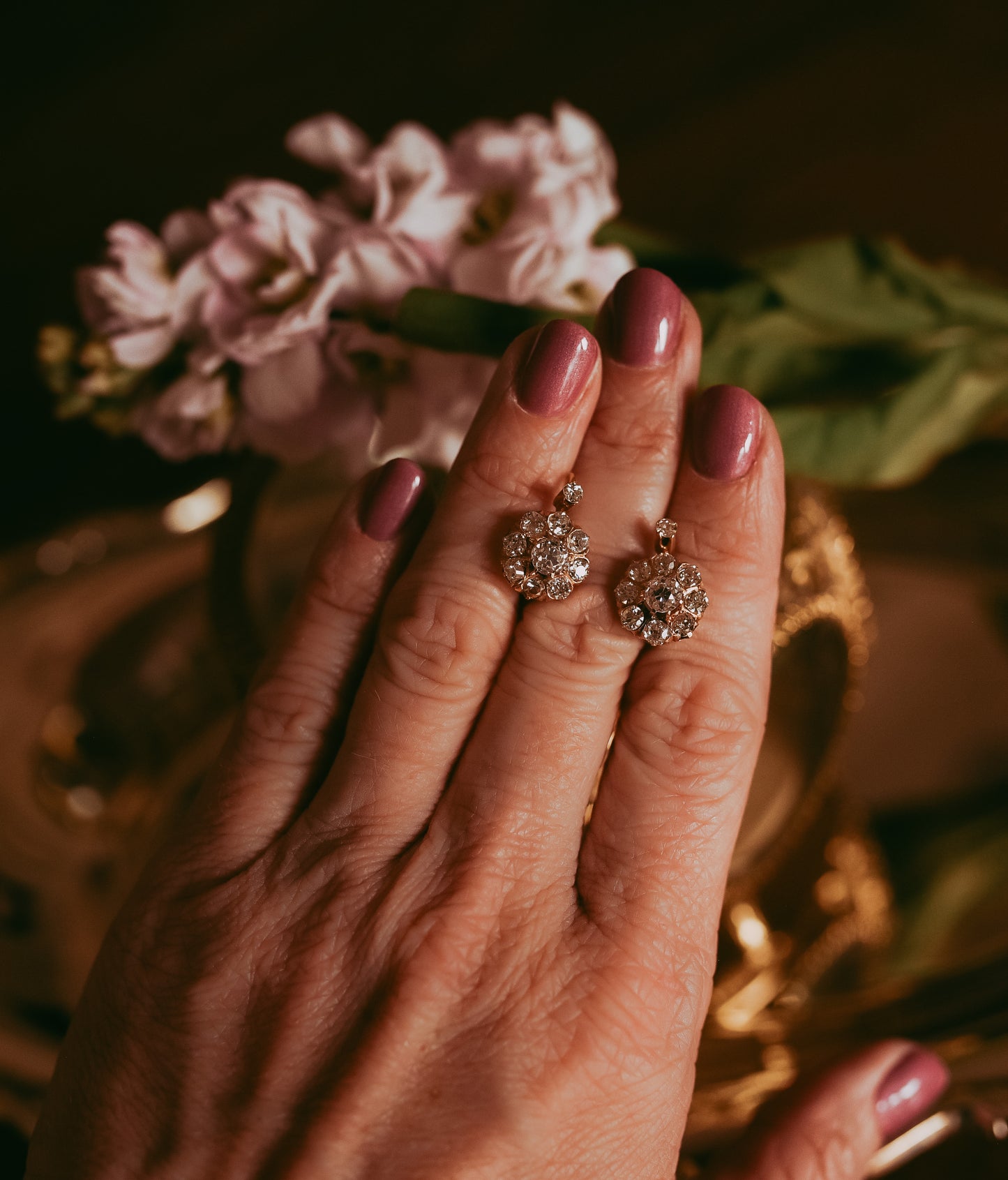 Antique Victorian Old Mine Cut Diamond Rosetta Cluster Earrings 18K Gold 3.10ctw