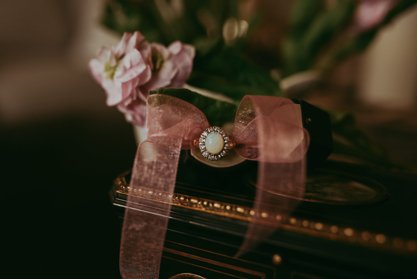 Mid-Century Diamond & Opal Halo Ring in 14K Gold | Cluster Ring