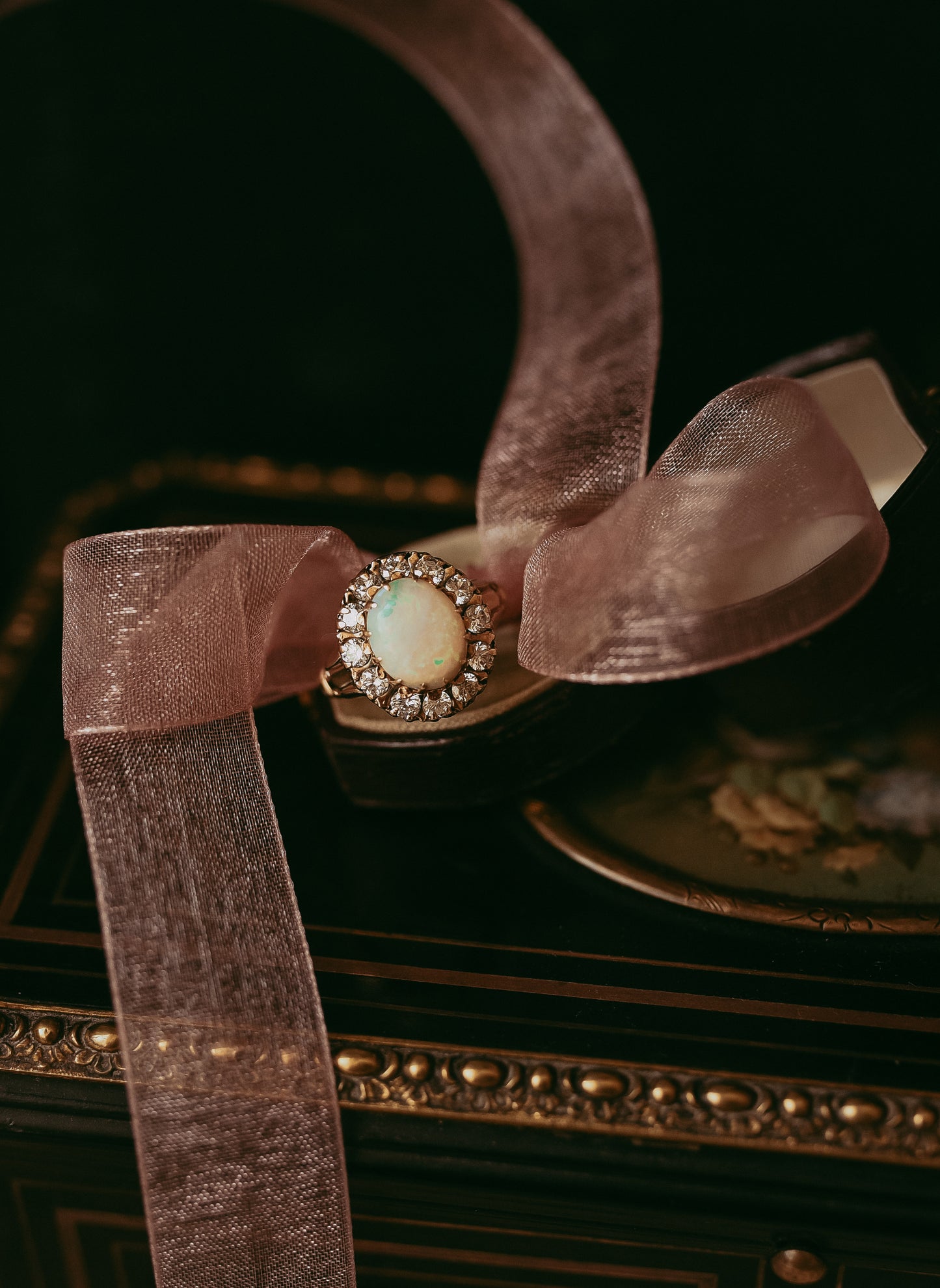 Mid-Century Diamond & Opal Halo Ring in 14K Gold | Cluster Ring