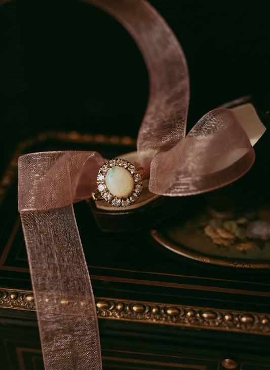 Mid-Century Diamond & Opal Halo Ring in 14K Gold | Cluster Ring