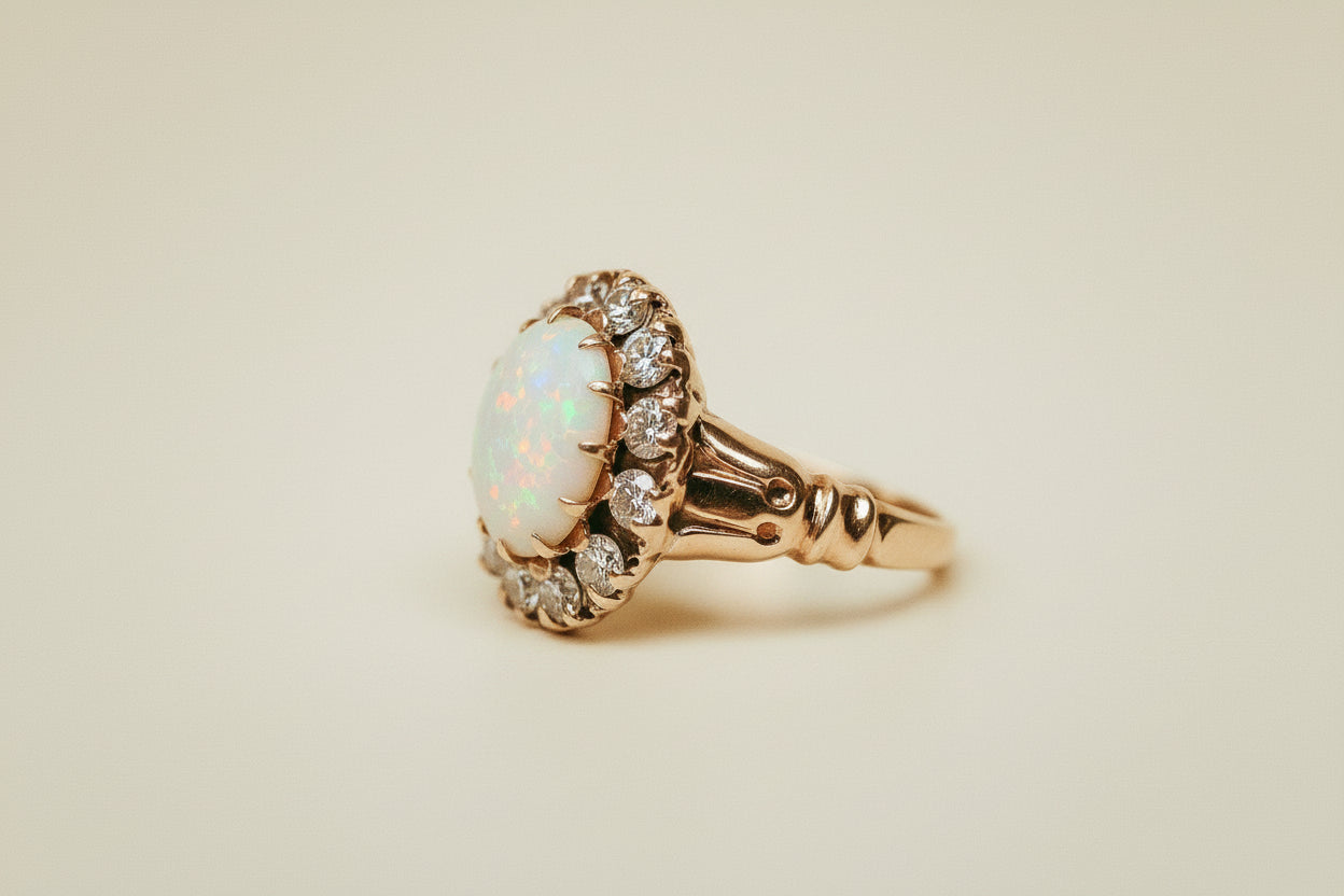 Mid-Century Diamond & Opal Halo Ring in 14K Gold | Cluster Ring
