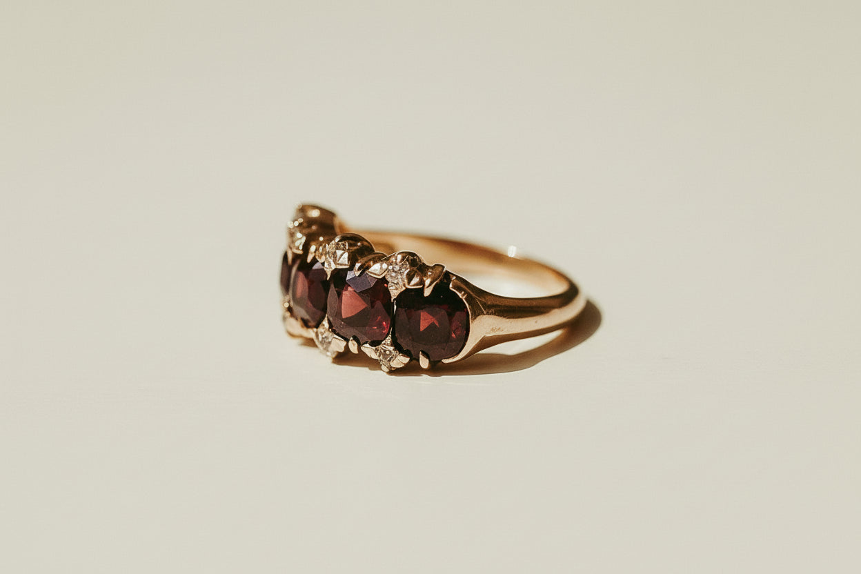 Victorian Five-Stone Garnet Ring with Old Mine Cut Diamonds in 10K Gold | Antique Stacking Ring | Size 5.5