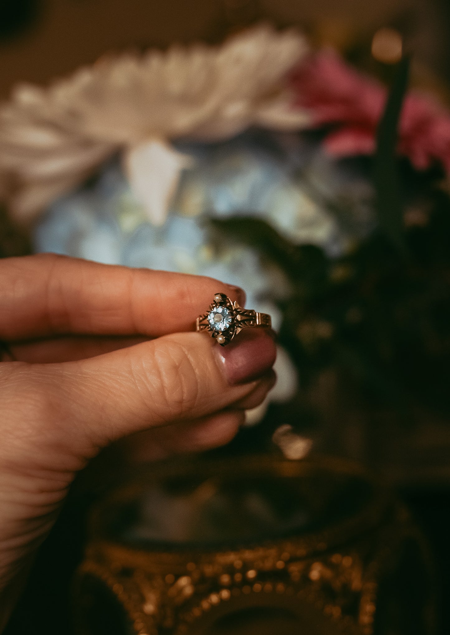 Victorian Aquamarine & Pearl Ring in 14K Gold – Size 5.25