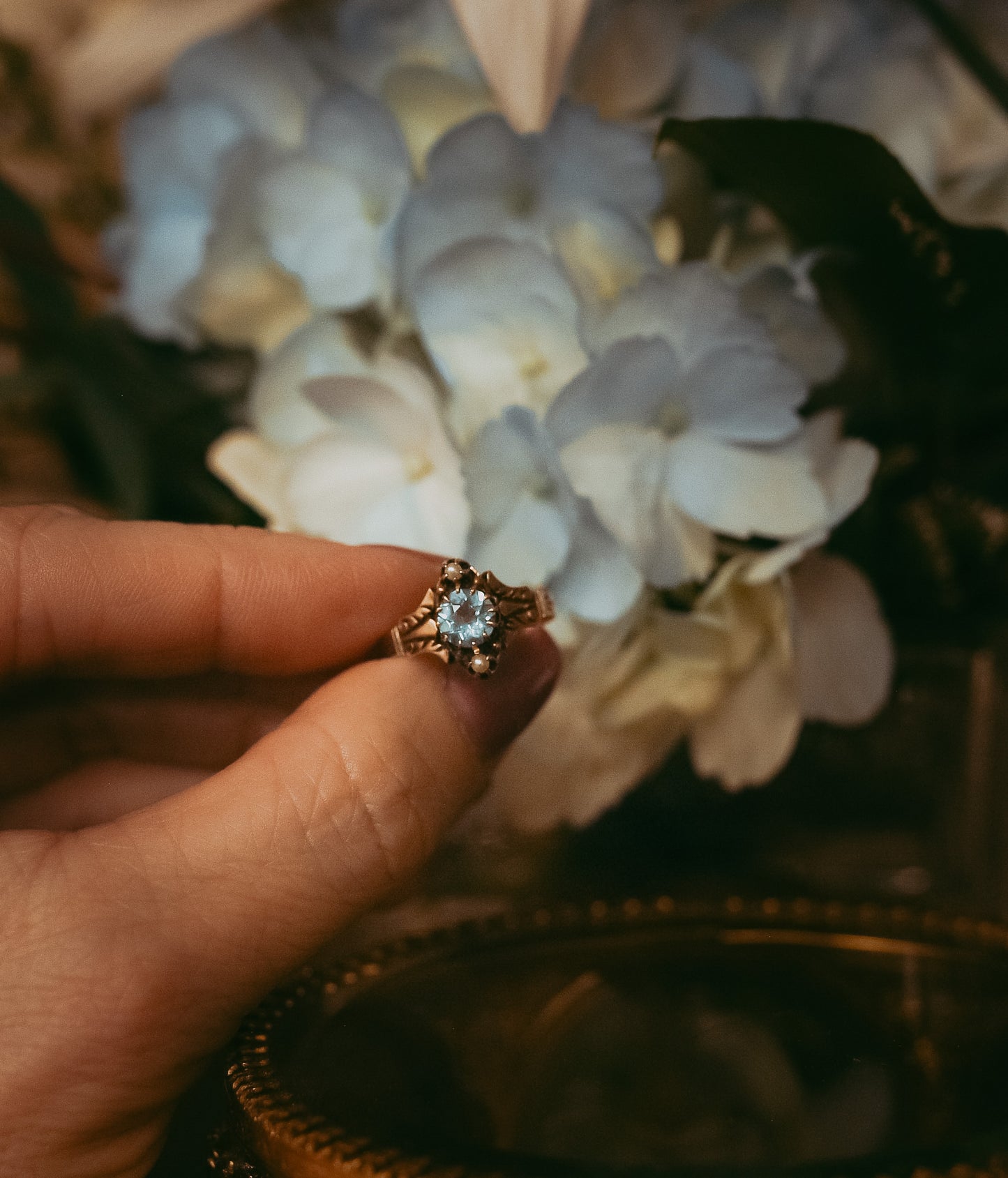 Victorian Aquamarine & Pearl Ring in 14K Gold – Size 5.25
