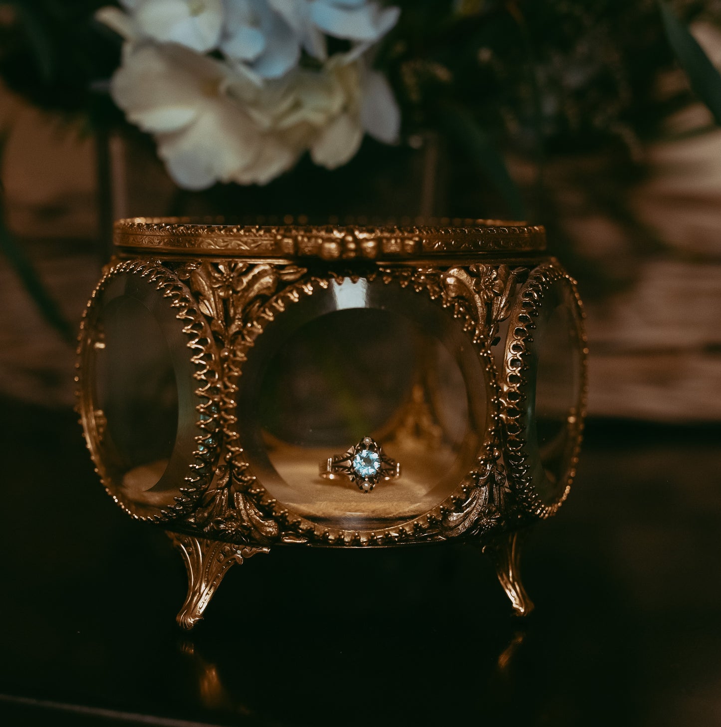 Victorian Aquamarine & Pearl Ring in 14K Gold – Size 5.25