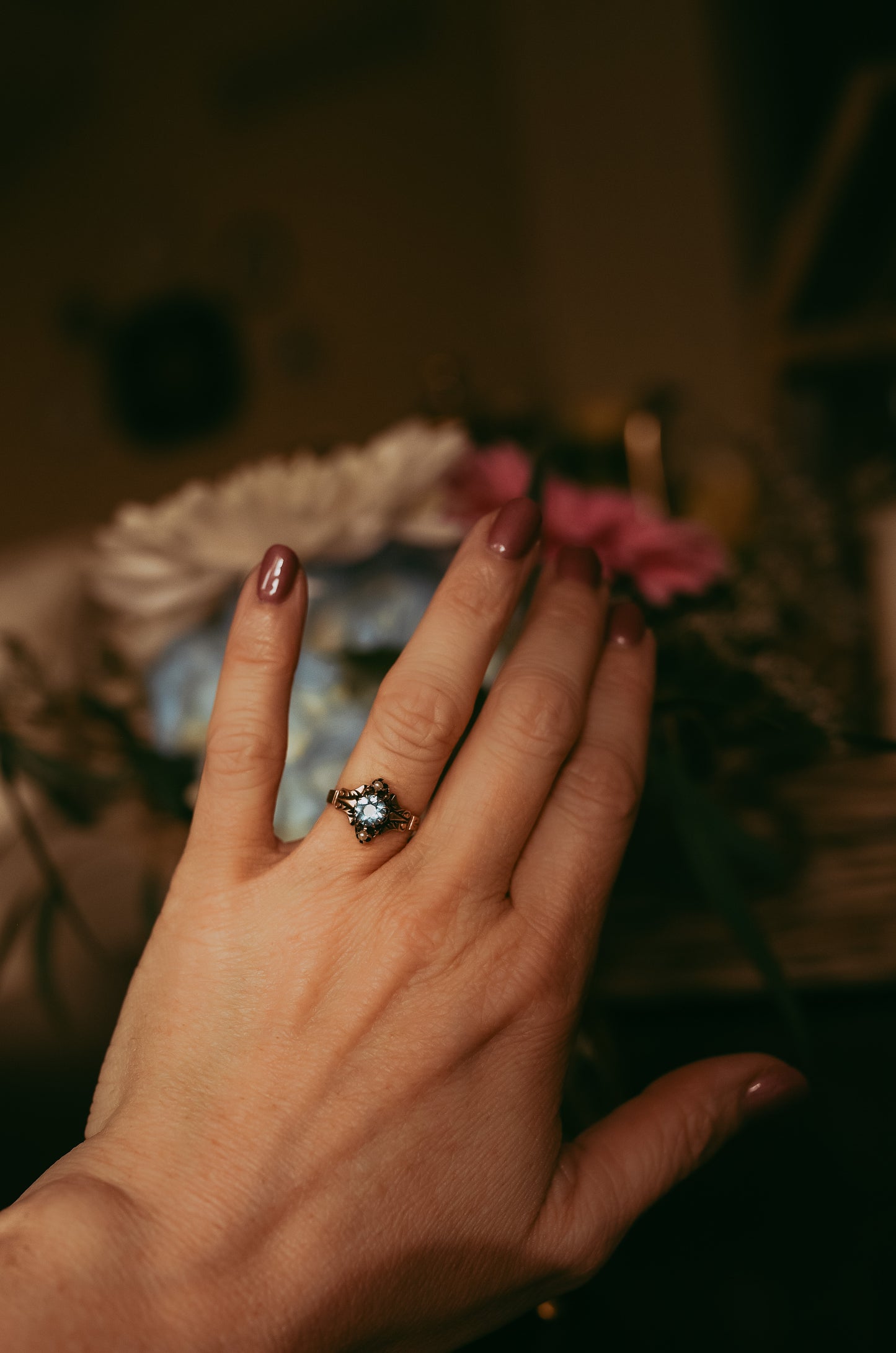 Victorian Aquamarine & Pearl Ring in 14K Gold – Size 5.25