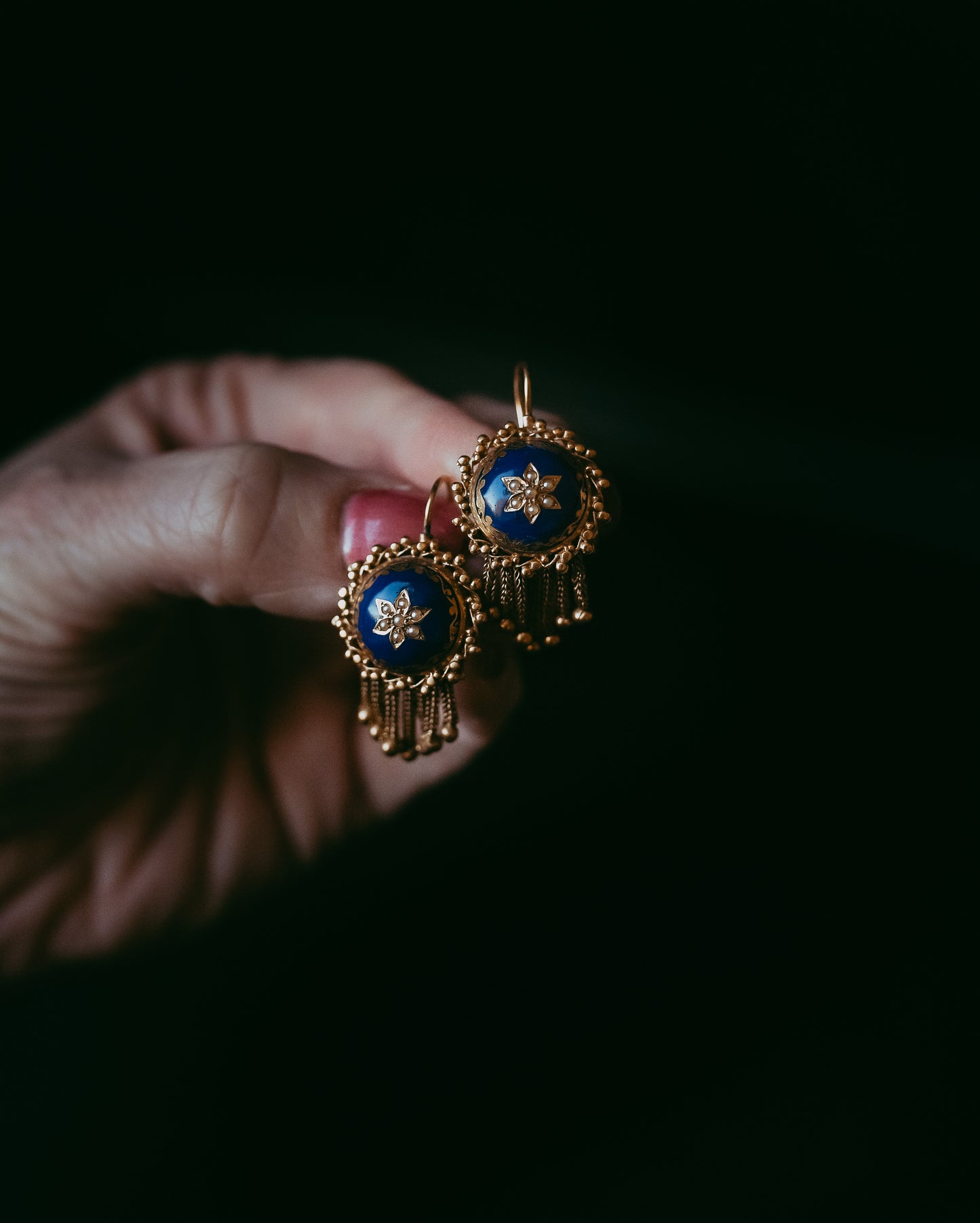 Late Victorian Revival | Early 20th Century Blue Enamel & Seed Pearl Earrings