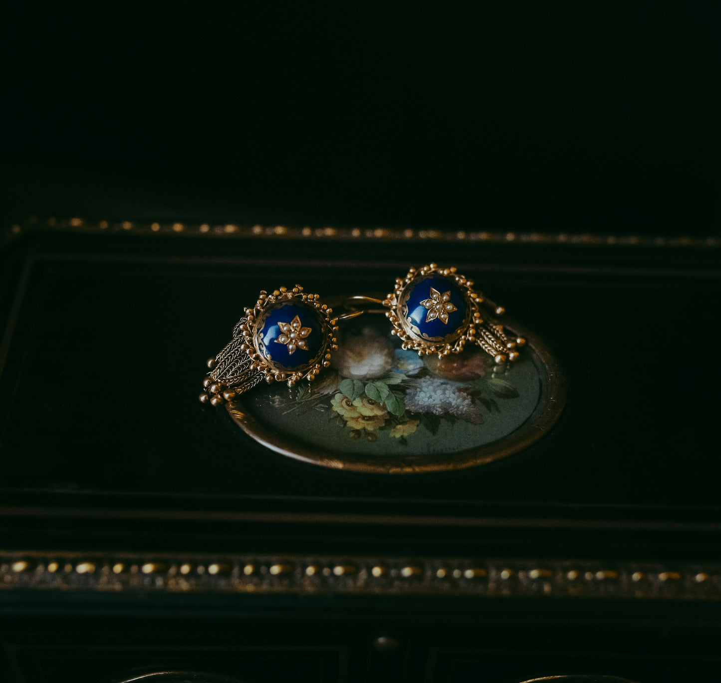 Late Victorian Revival | Early 20th Century Blue Enamel & Seed Pearl Earrings