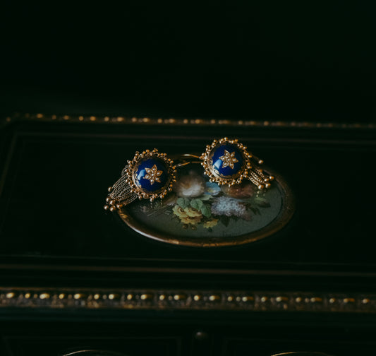 Late Victorian Revival | Early 20th Century Blue Enamel & Seed Pearl Earrings