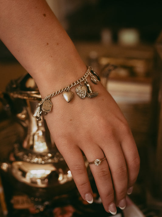 Vintage Sterling Silver Love-Themed |Wedding Articulated Charm Bracelet with Heart Padlock Clasp
