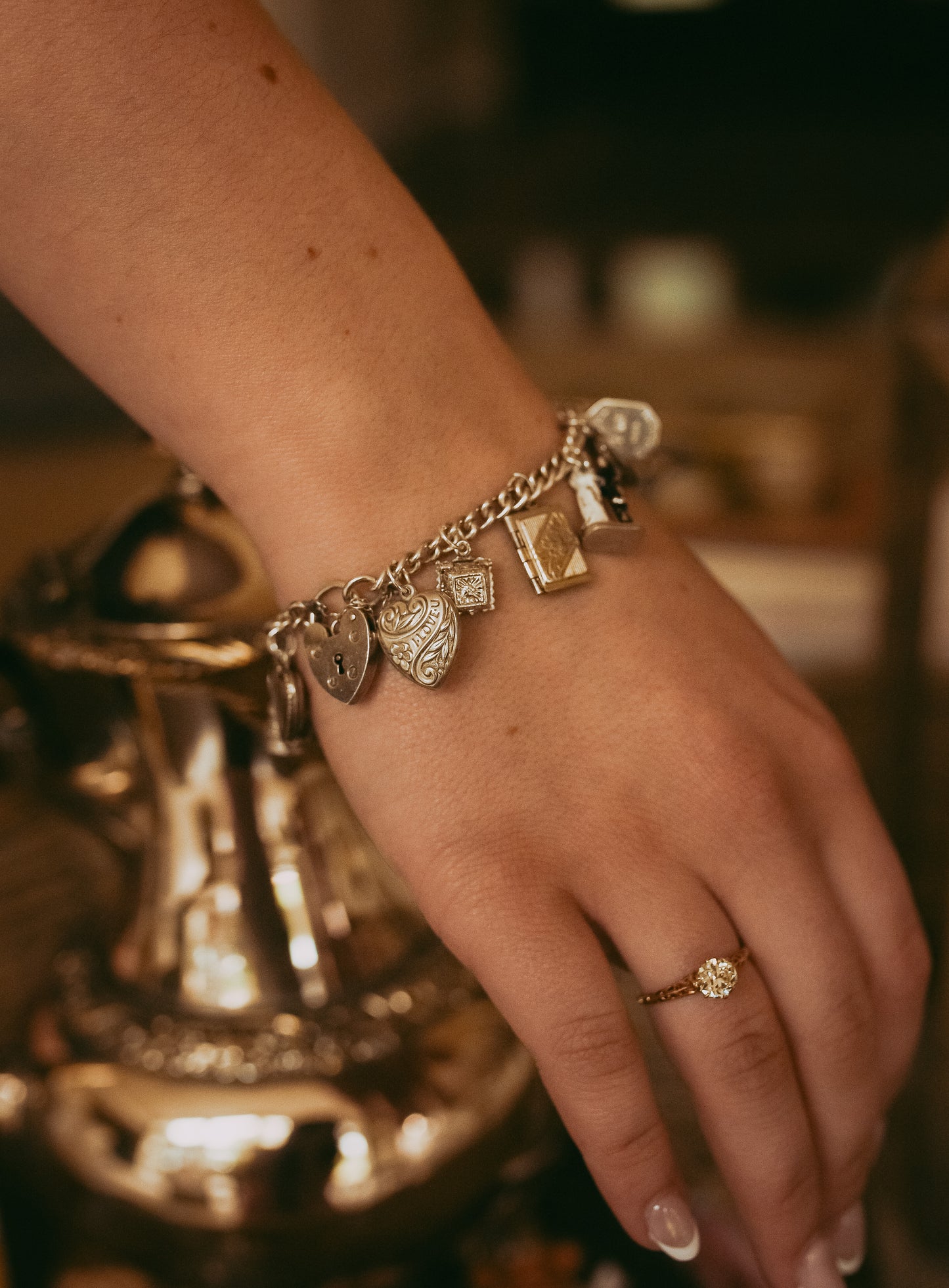 Vintage Sterling Silver Love-Themed |Wedding Articulated Charm Bracelet with Heart Padlock Clasp