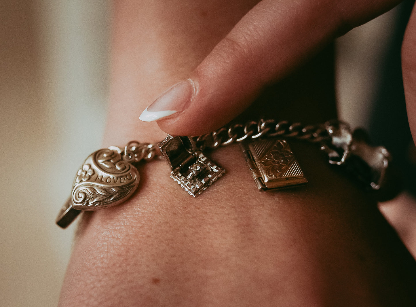 Vintage Sterling Silver Love-Themed |Wedding Articulated Charm Bracelet with Heart Padlock Clasp