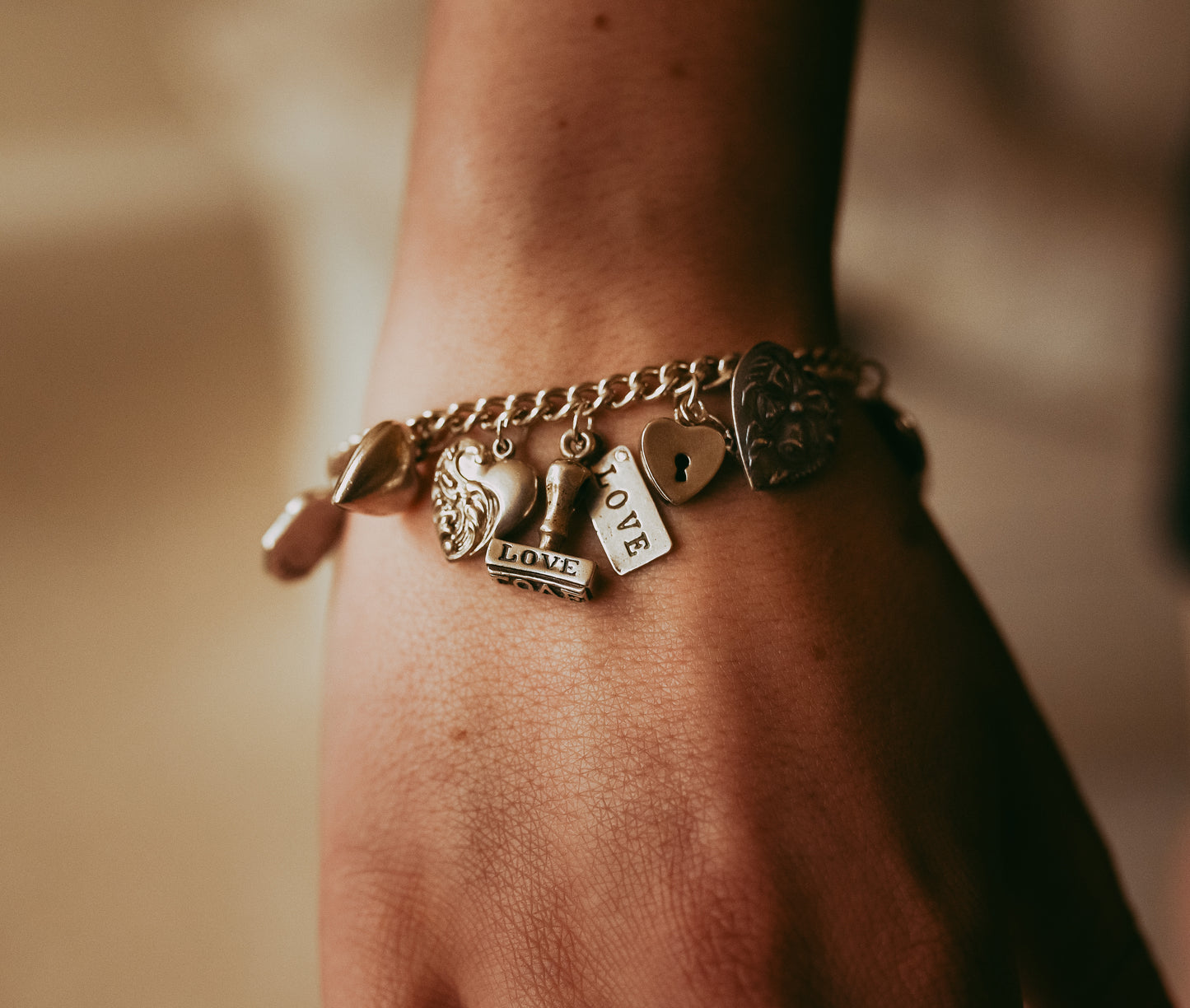 Vintage Sterling Silver Love-Themed |Wedding Articulated Charm Bracelet with Heart Padlock Clasp
