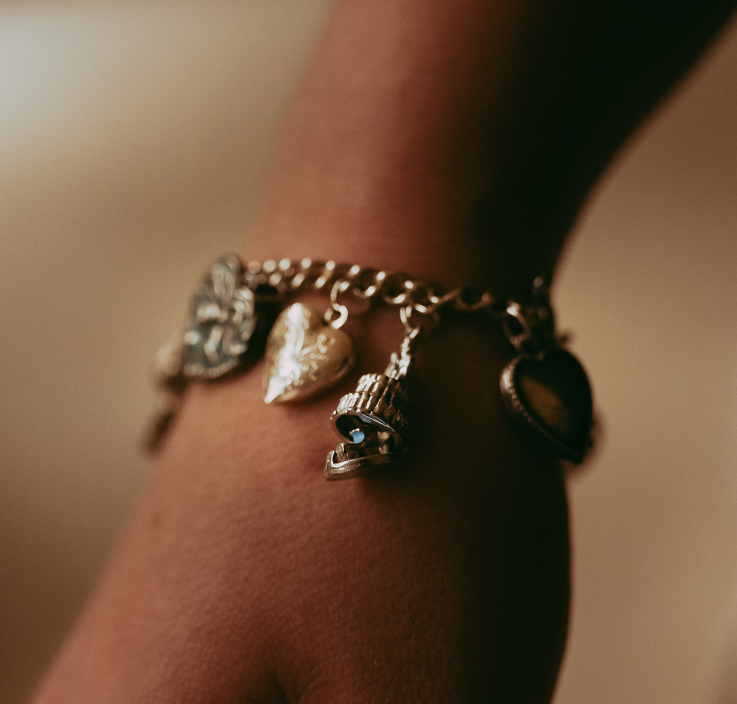 Vintage Sterling Silver Love-Themed |Wedding Articulated Charm Bracelet with Heart Padlock Clasp