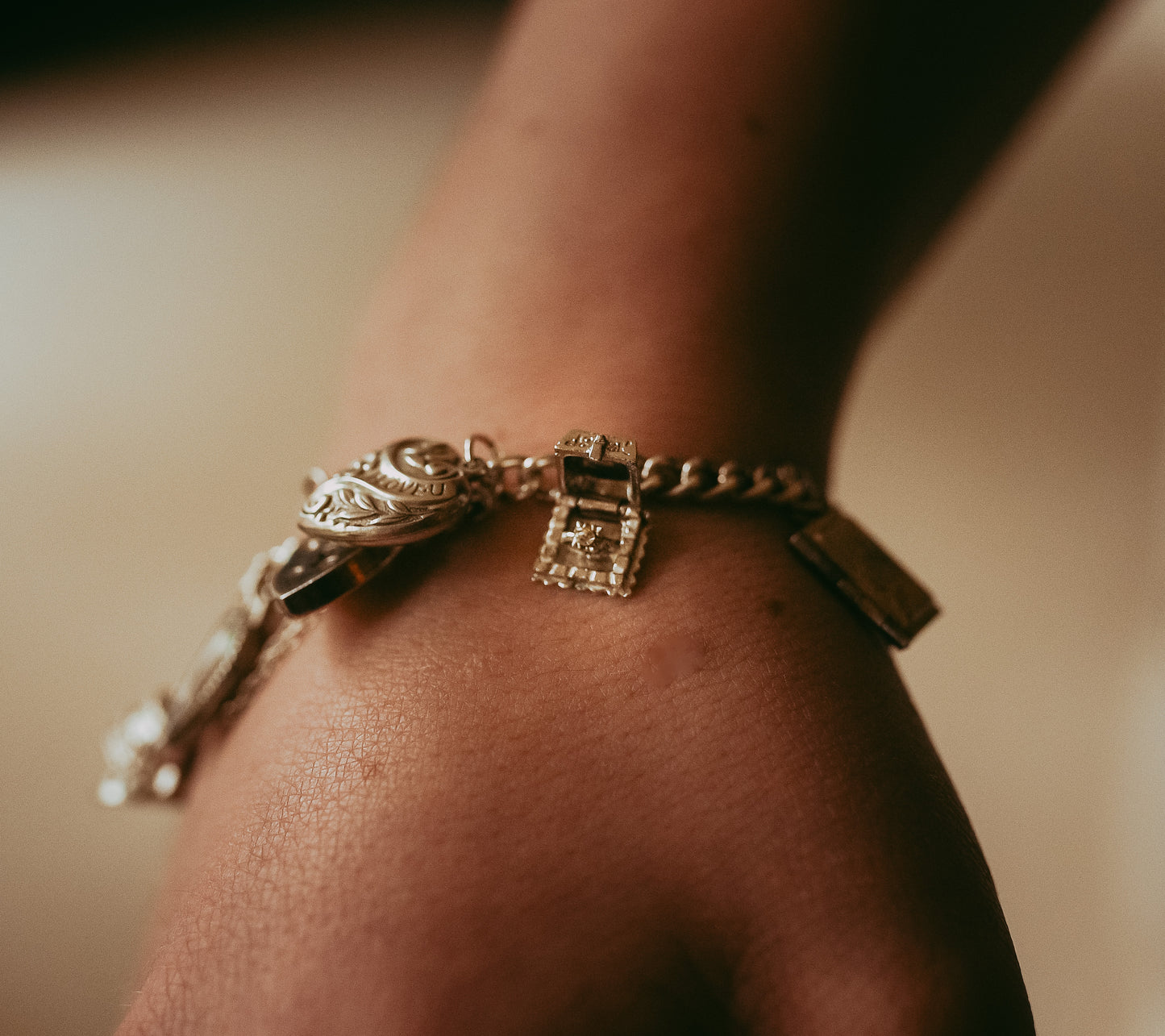 Vintage Sterling Silver Love-Themed |Wedding Articulated Charm Bracelet with Heart Padlock Clasp