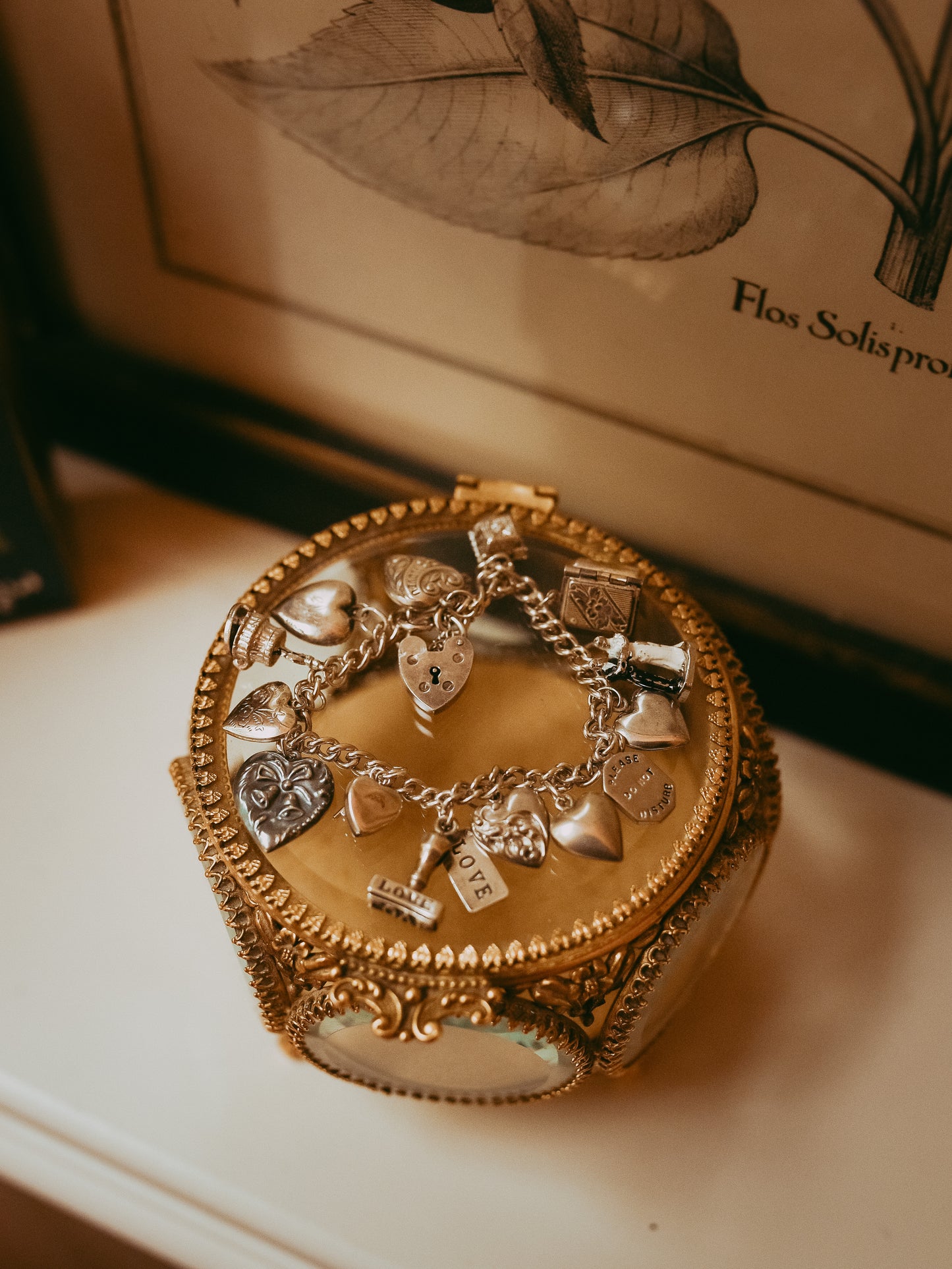 Vintage Sterling Silver Love-Themed |Wedding Articulated Charm Bracelet with Heart Padlock Clasp