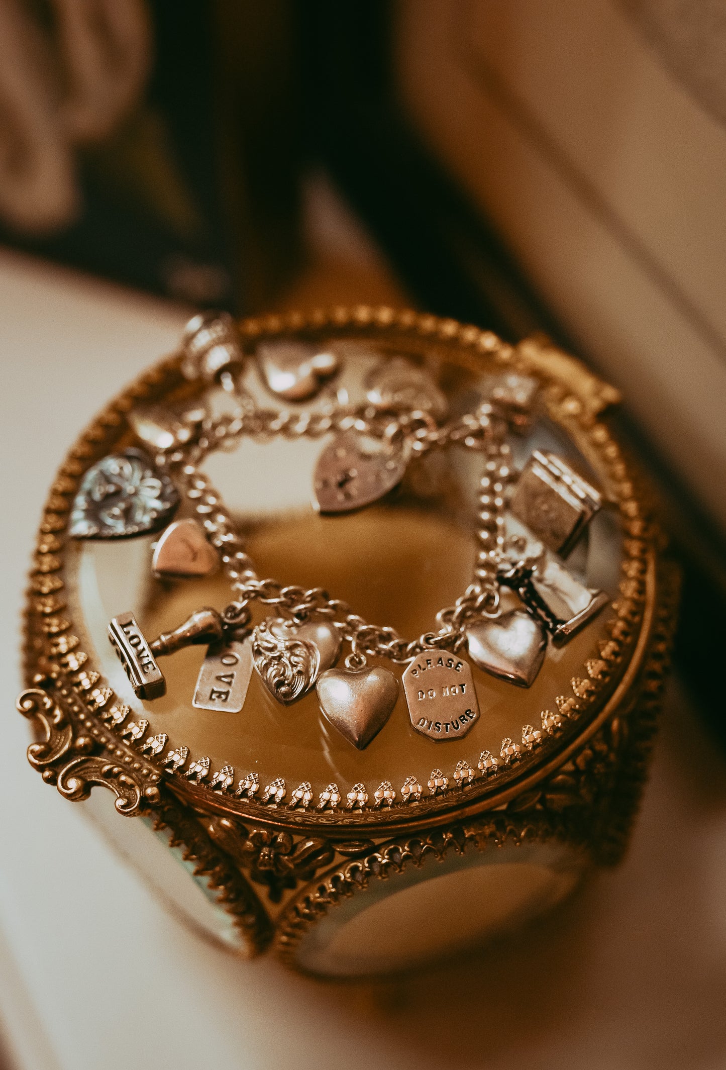 Vintage Sterling Silver Love-Themed |Wedding Articulated Charm Bracelet with Heart Padlock Clasp
