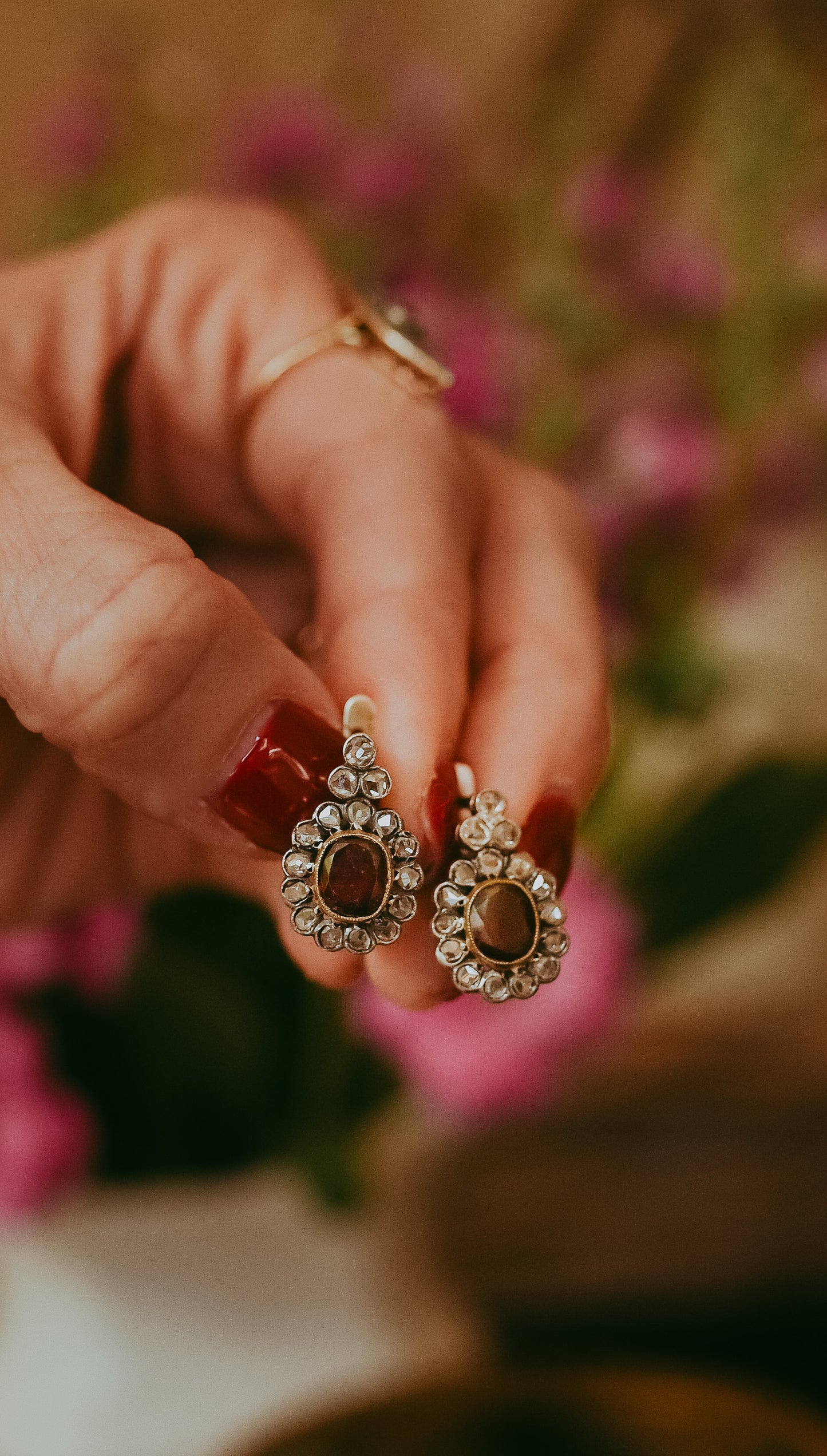Antique Garnet & Rose Cut Diamond Cluster Drop Earrings